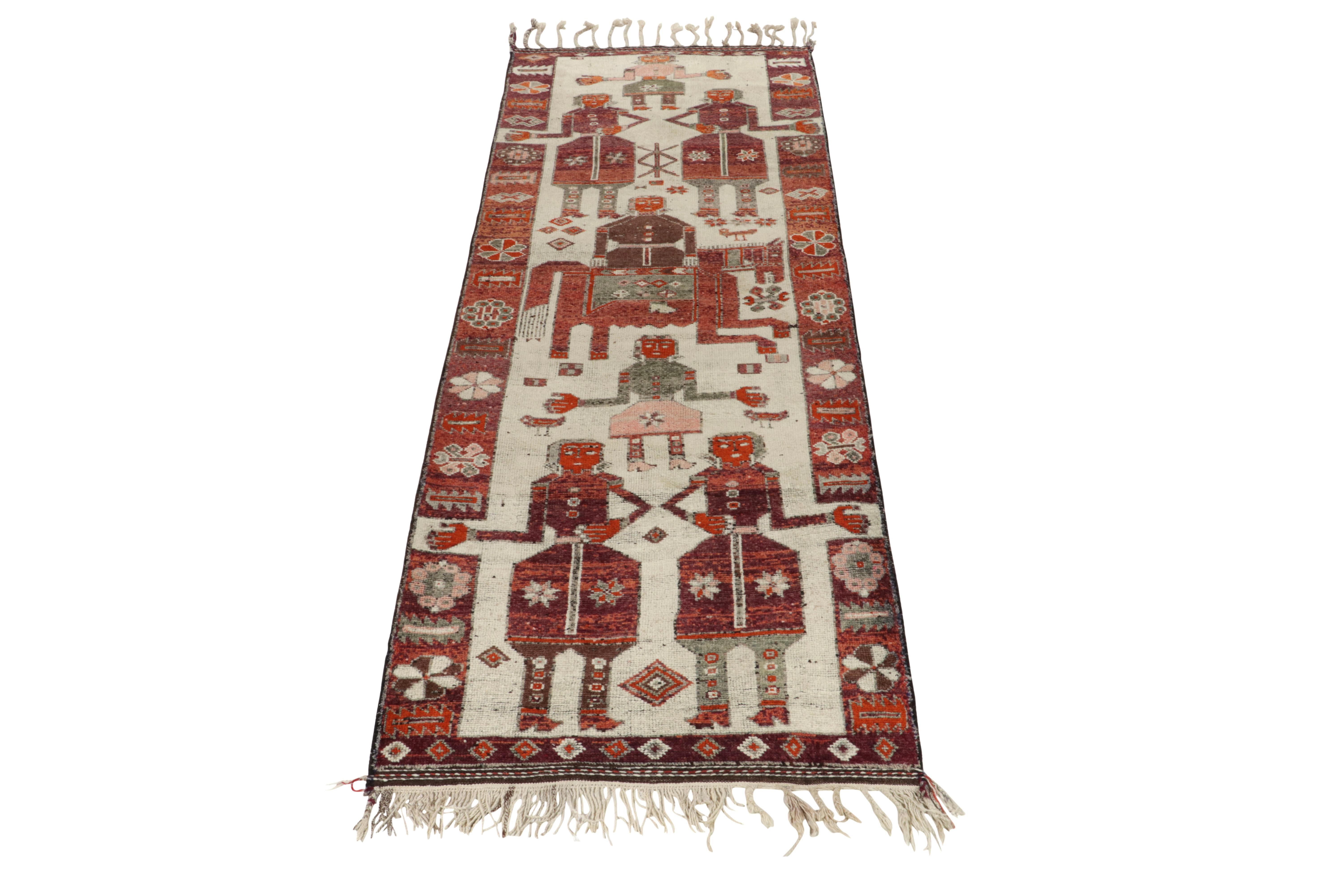 Hand-knotted in wool, a 4x12 runner from Rug & Kilim’s newly unveiled curation of rare tribal pieces. Originating from Turkey circa 1950-1960, a pictorial style as rare in exciting sensibility as it is in size. 

On the design, the rug enjoys