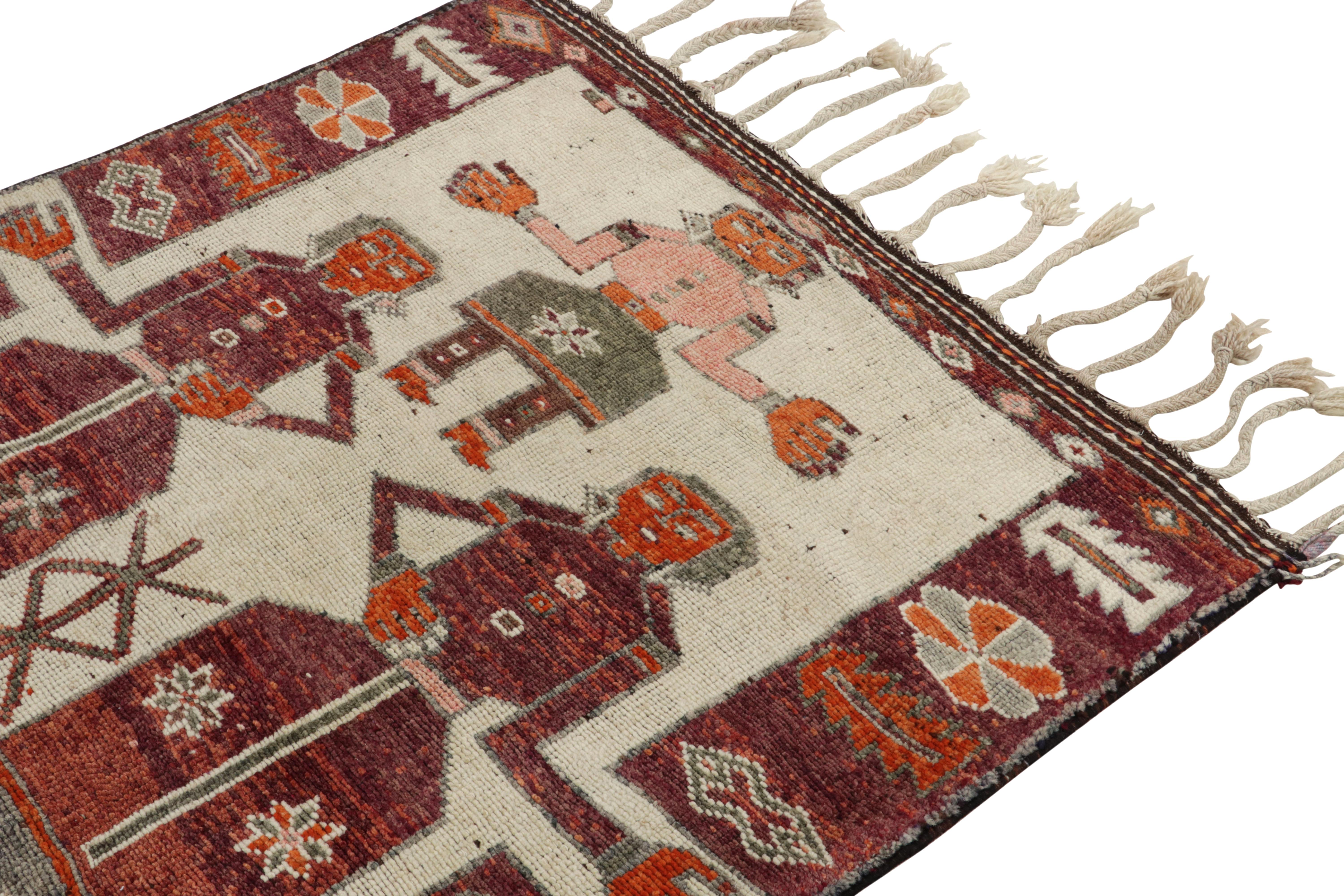 Turkish 1950s Vintage Tribal Rug in Red, Off-White Background & Pictorial by Rug & Kilim For Sale