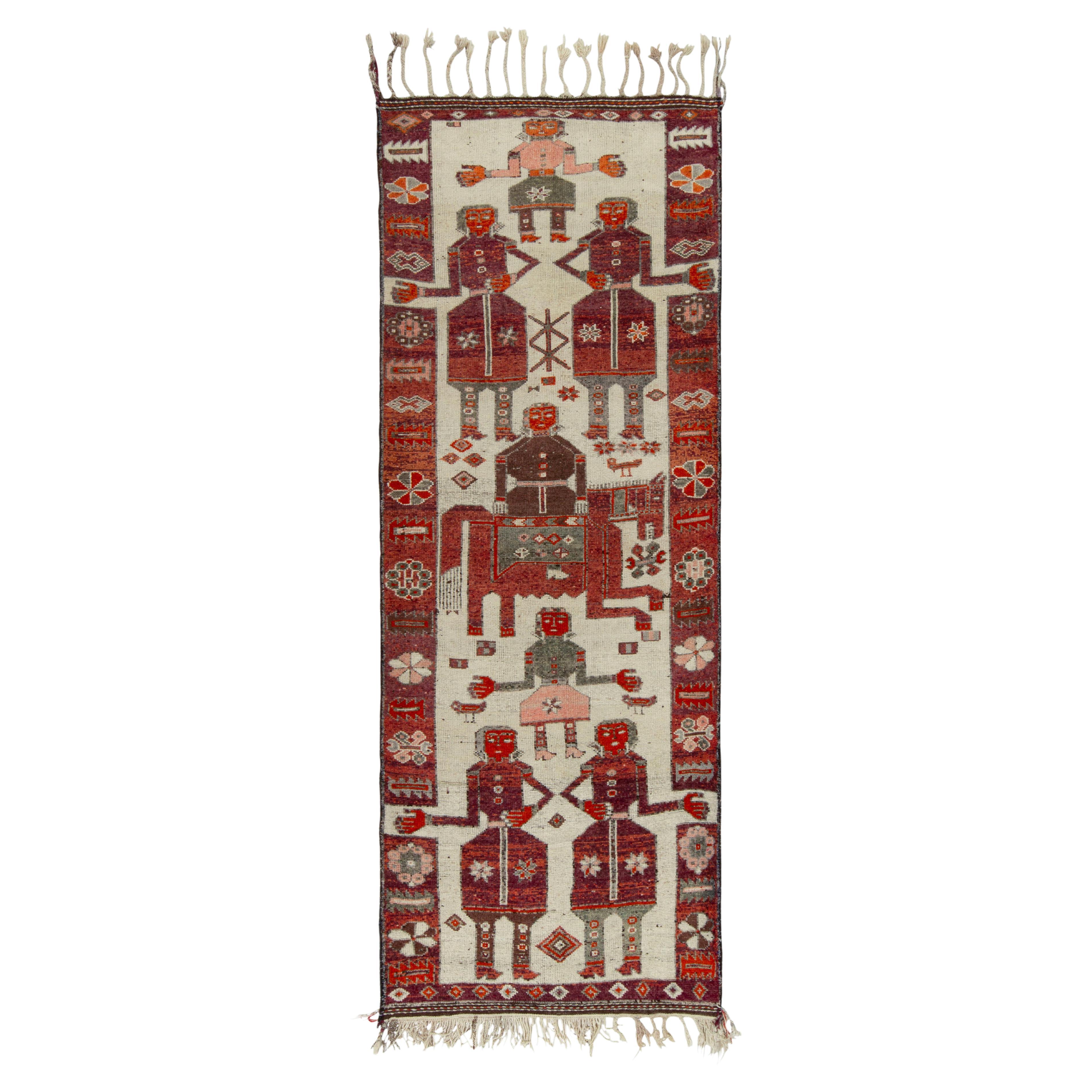 1950s Vintage Tribal Rug in Red, Off-White Background & Pictorial by Rug & Kilim