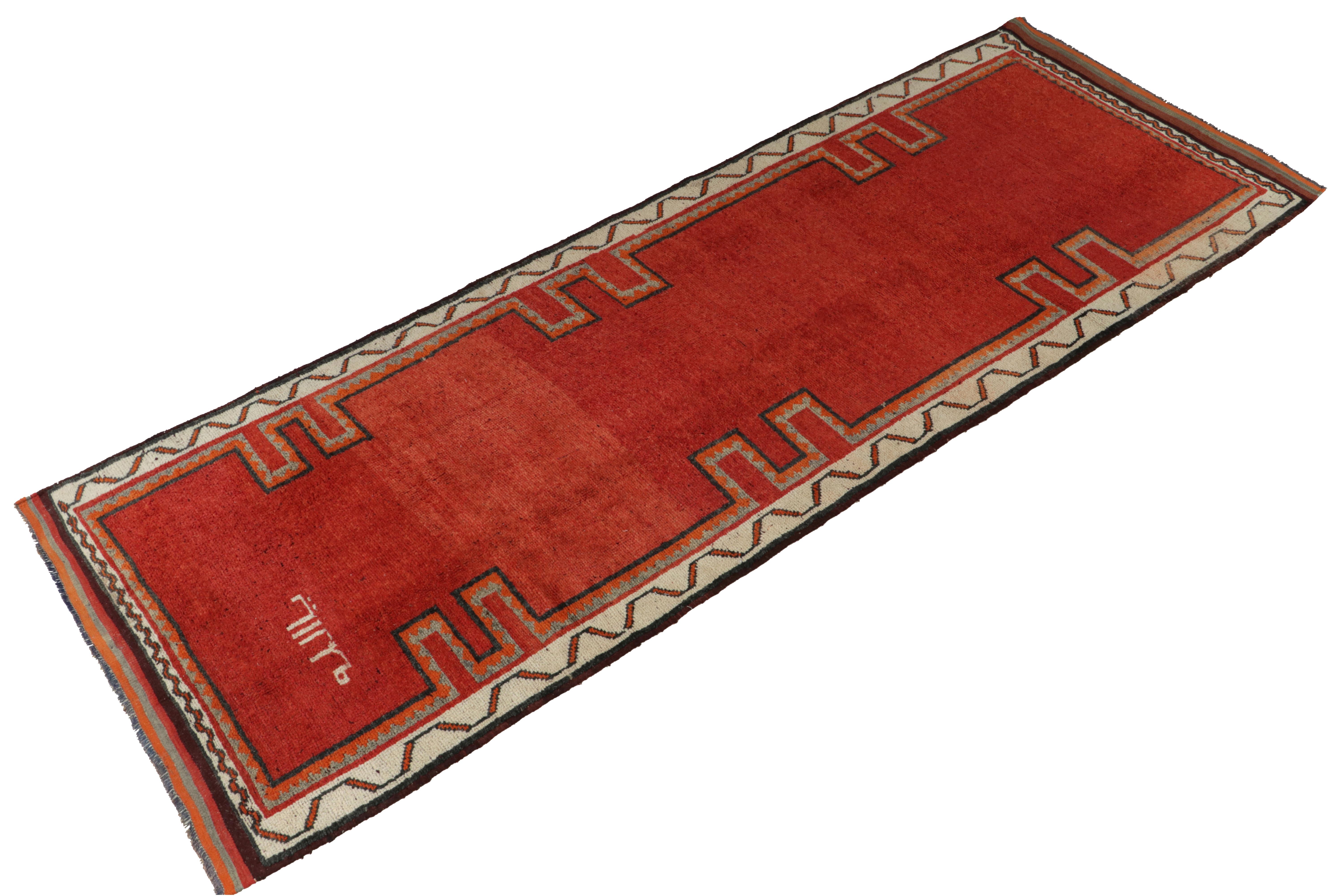 Turkish 1950s Vintage Tribal Rug in Red Open Field Brown Geometric Border by Rug & Kilim For Sale