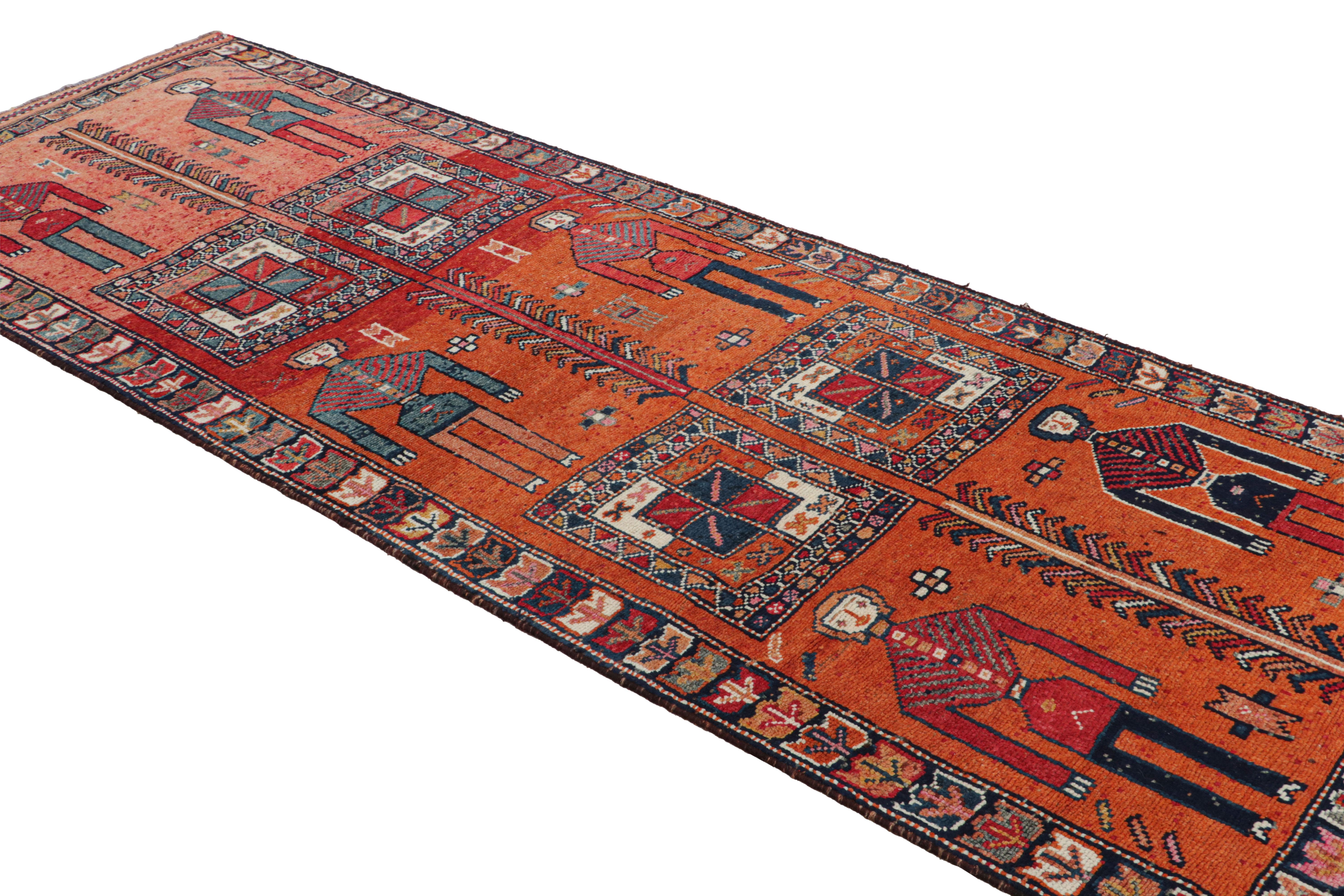 Hand-Knotted 1950s Vintage Tribal Rug in Red, Orange, Multihued Pictorial by Rug & Kilim For Sale