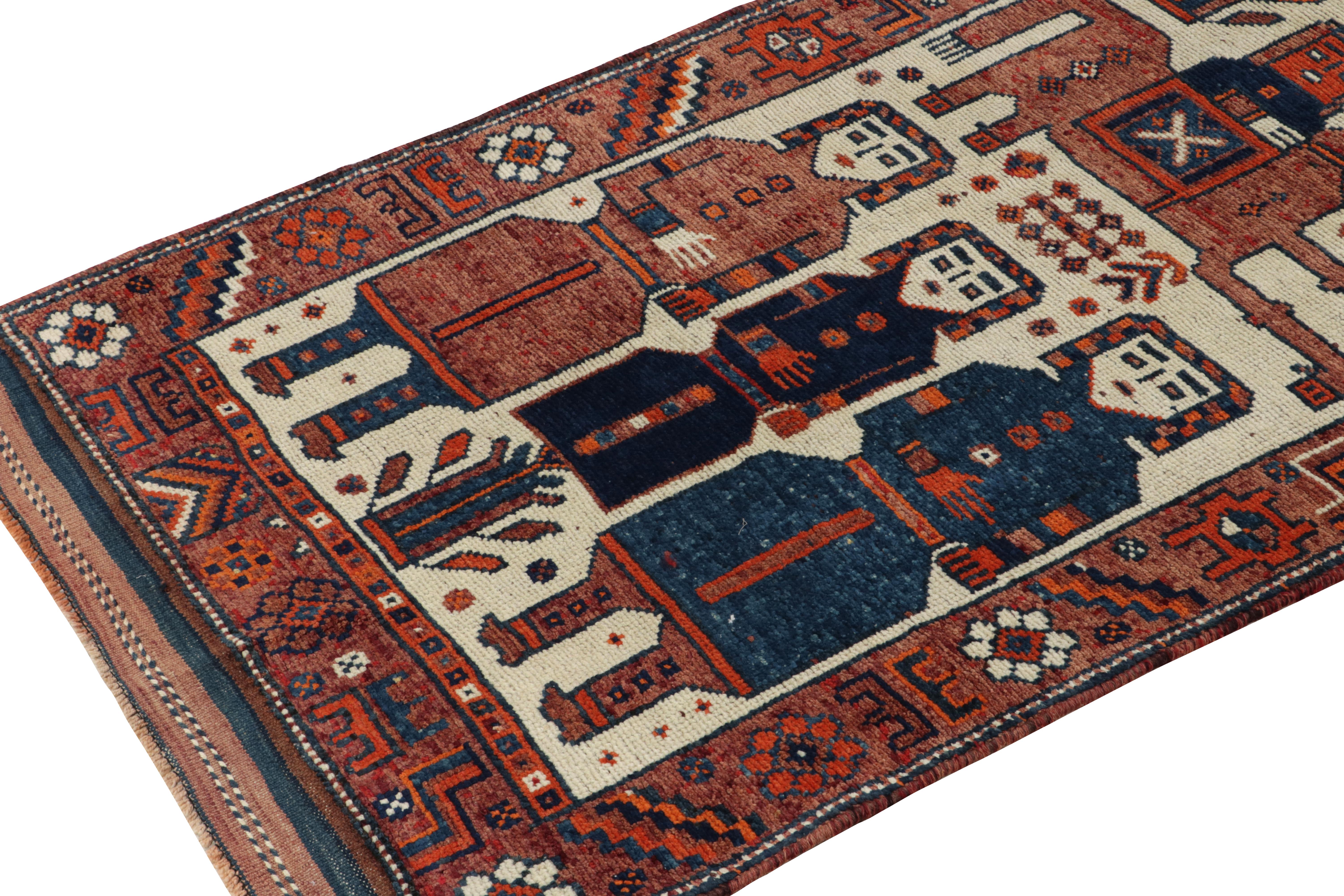 Hand-Knotted 1950s Vintage Tribal Rug in, Blue and Orange Pictorial Motifs by Rug & Kilim For Sale