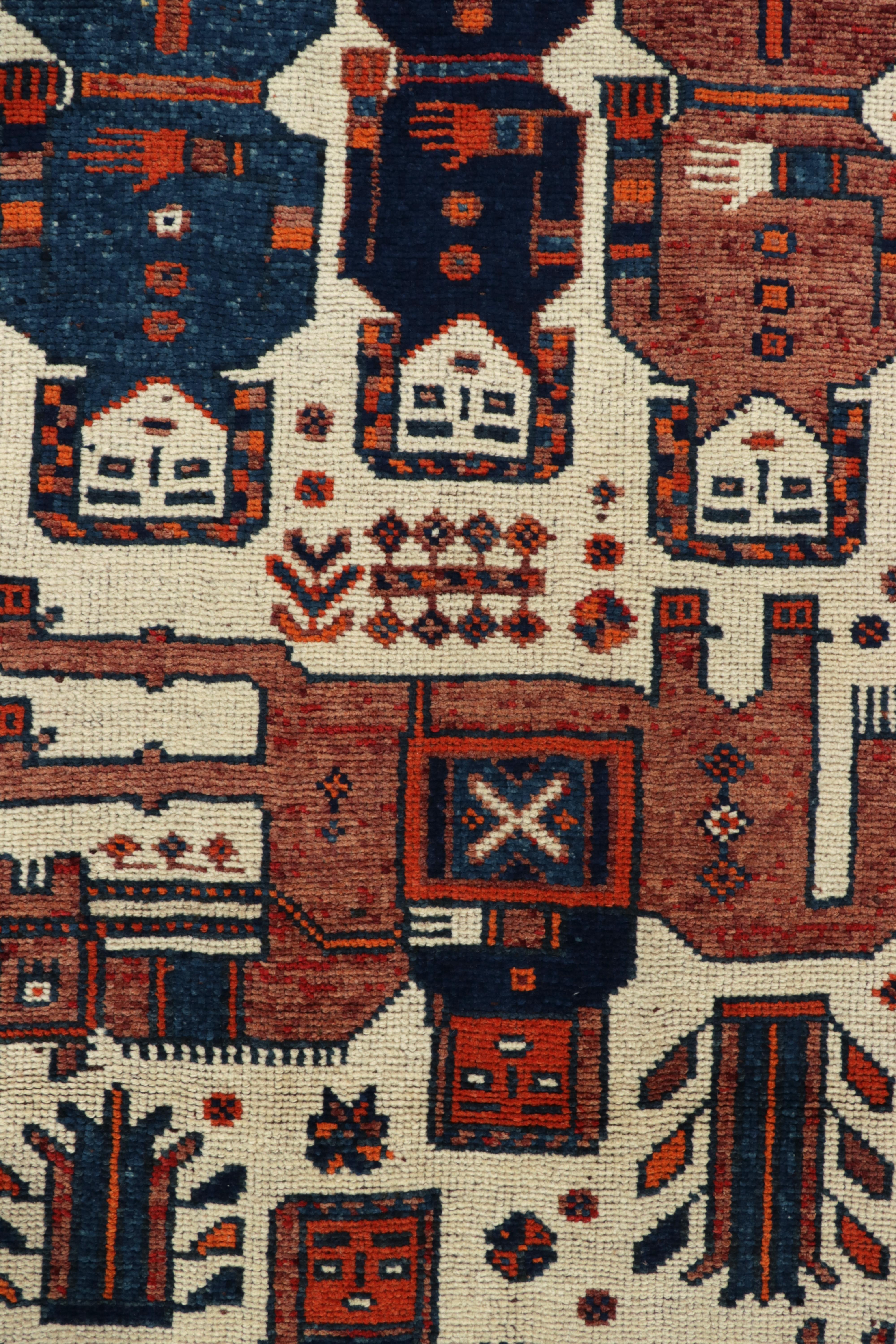 Mid-20th Century 1950s Vintage Tribal Rug in, Blue and Orange Pictorial Motifs by Rug & Kilim For Sale