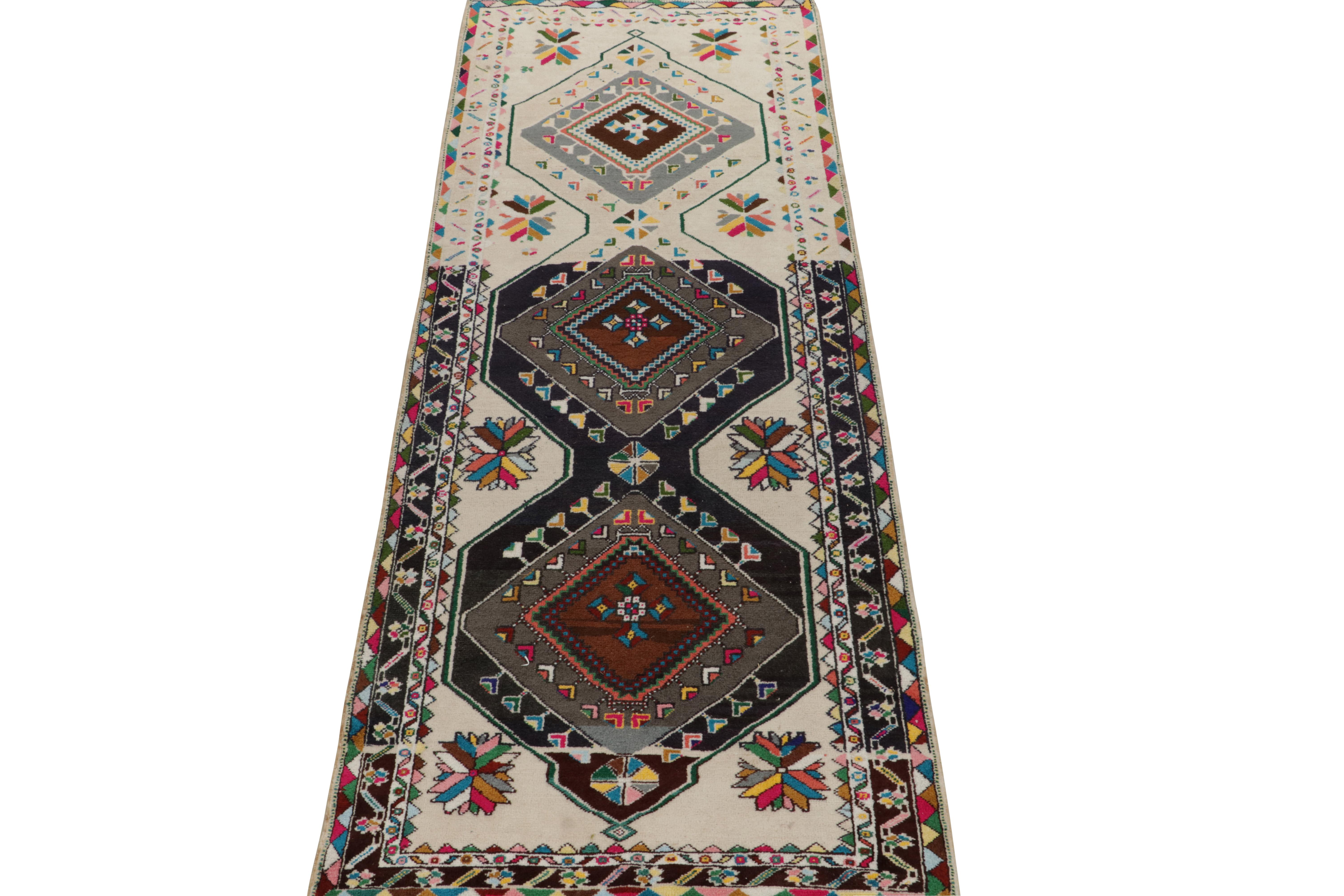 Originating from Turkey circa 1950-1960, a fabulously rare mid-century rug from our principal’s newest line of vintage carpets. 

Bearing the most unusually bright and refreshing colorway of our tribal curations, the healthy wool pile relishes