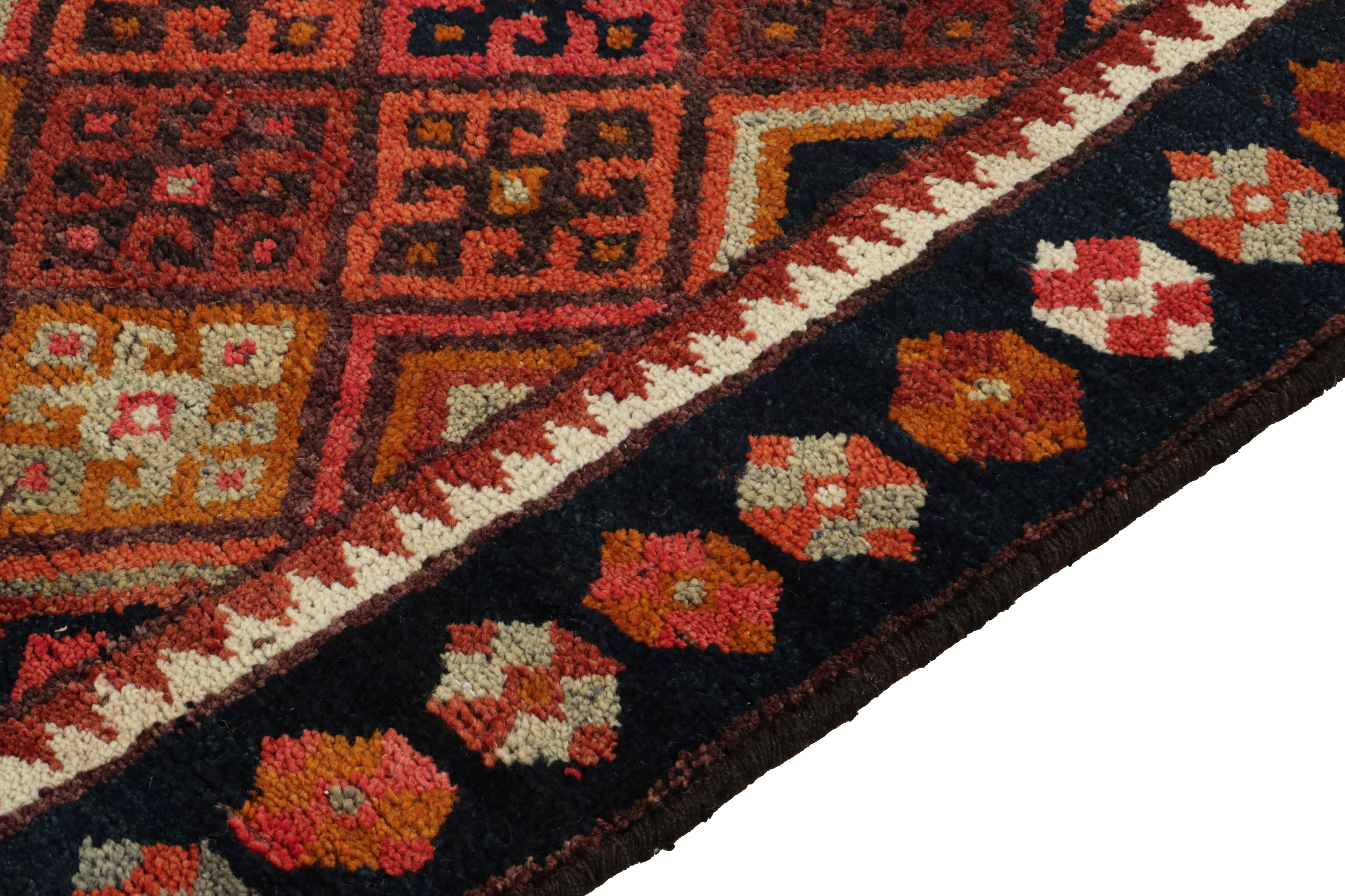 Hand-Knotted 1950s Vintage Tribal Runner in Blue, Brown, Red Geometric Pattern by Rug & Kilim For Sale