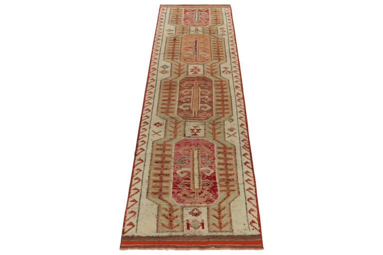 1950s Vintage Tribal Runner in Green Red, Beige Geometric Pattern by ...