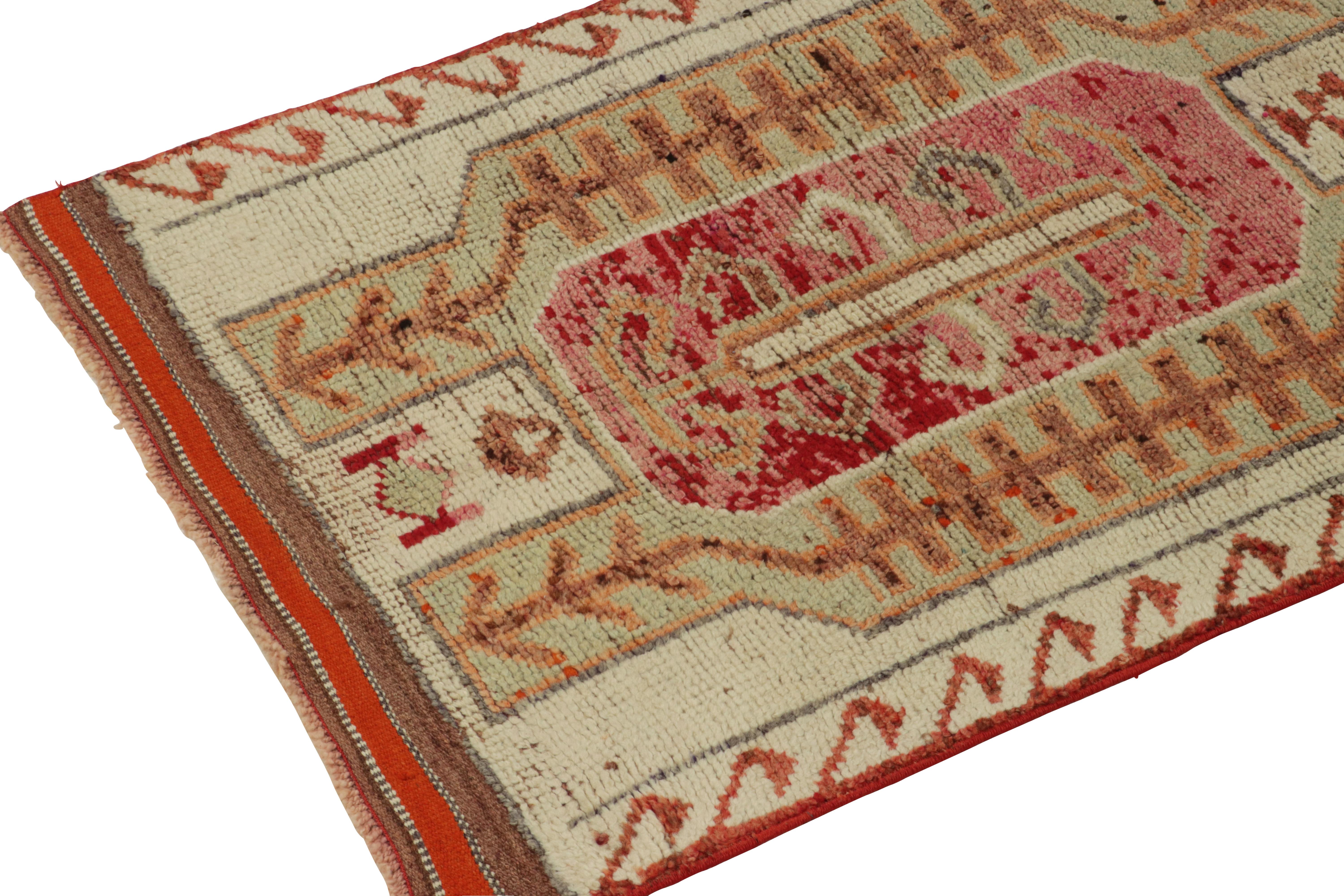 Mid-20th Century 1950s Vintage Tribal Runner in Green Red, Beige Geometric Pattern by Rug & Kilim For Sale