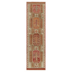 1950s Vintage Tribal Runner in Green Red, Beige Geometric Pattern by Rug & Kilim