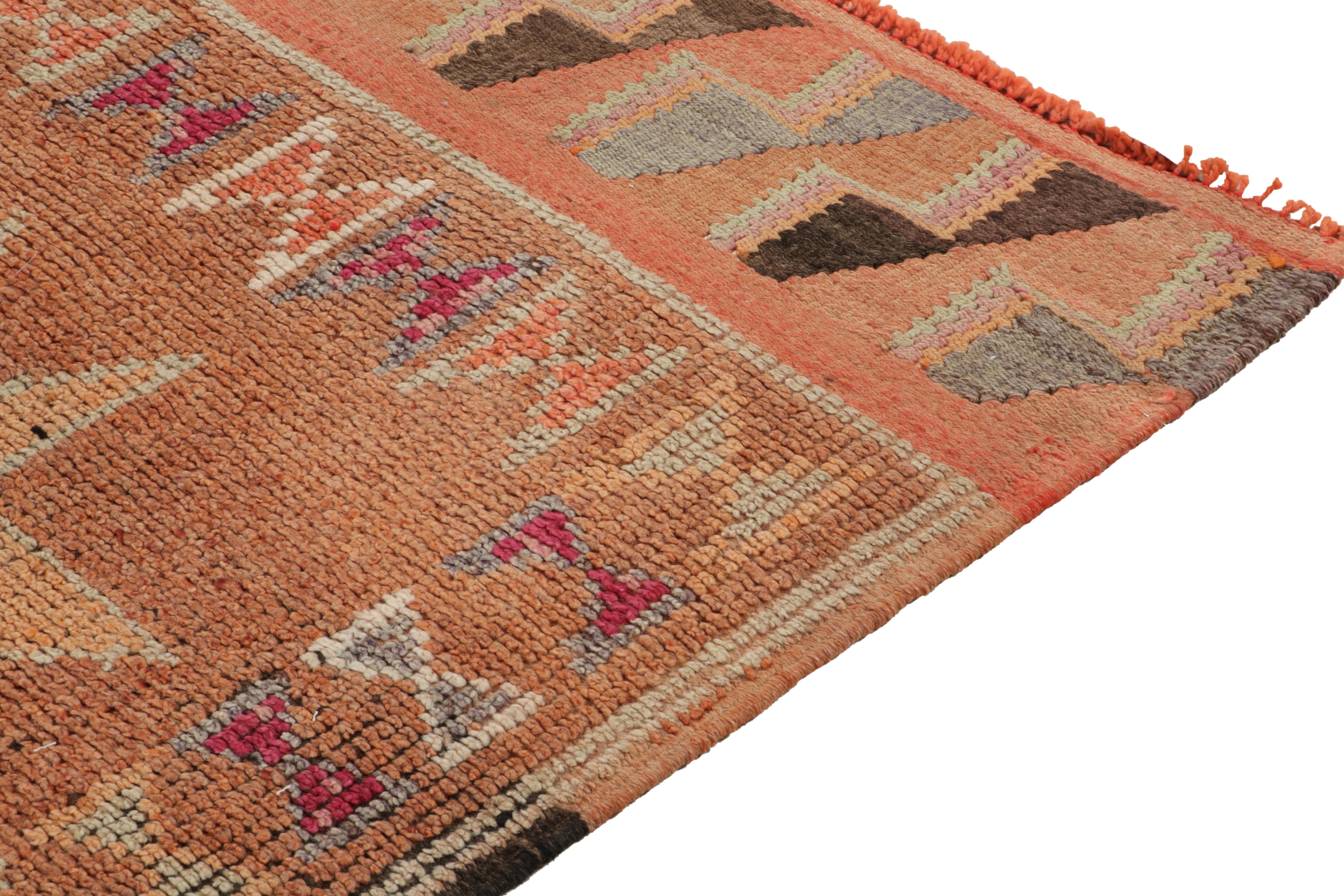 Hand-Knotted 1950s Vintage Tribal Runner in Orange Gray Pink Medallion Pattern by Rug & Kilim For Sale