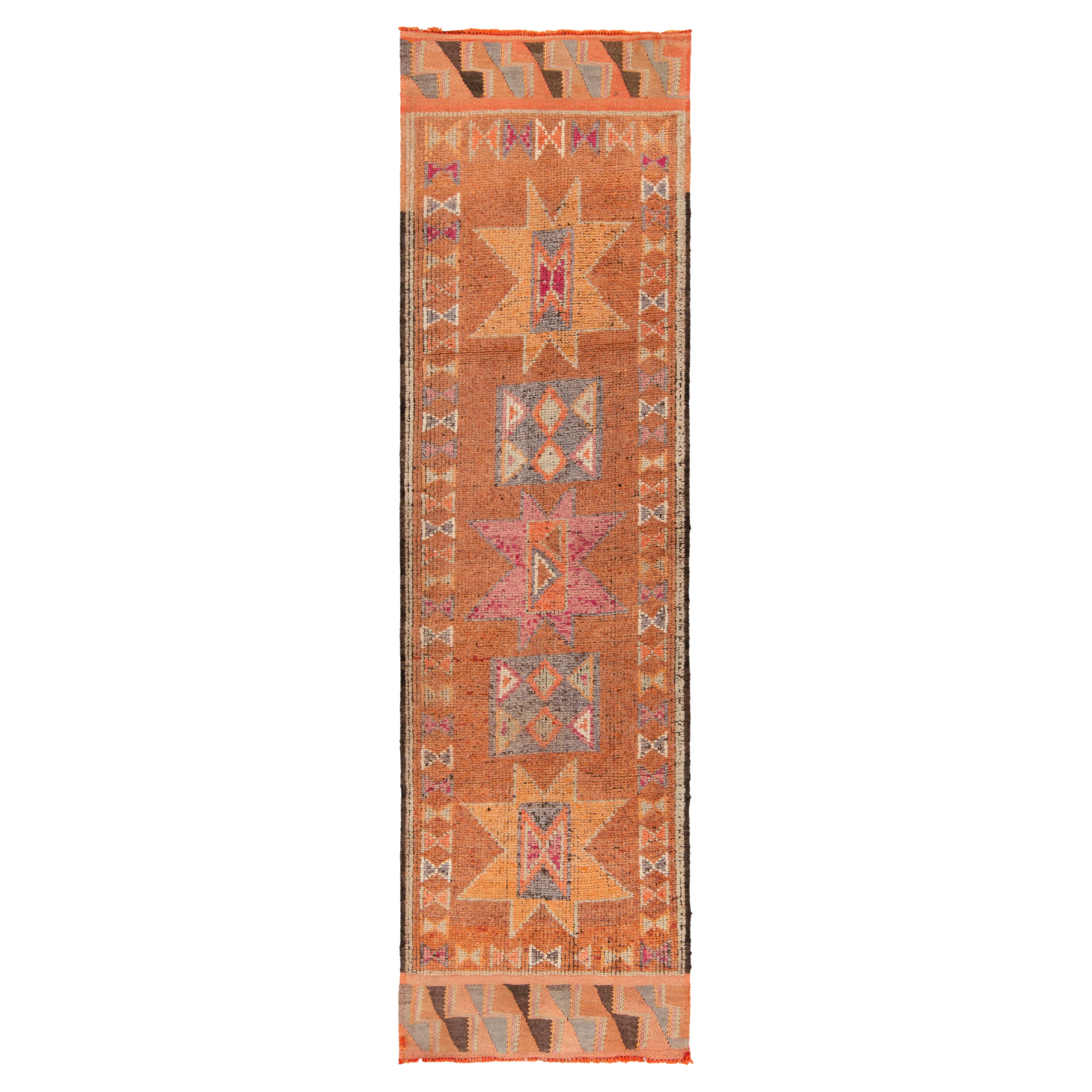 1950s Vintage Tribal Runner in Orange Gray Pink Medallion Pattern by Rug & Kilim For Sale