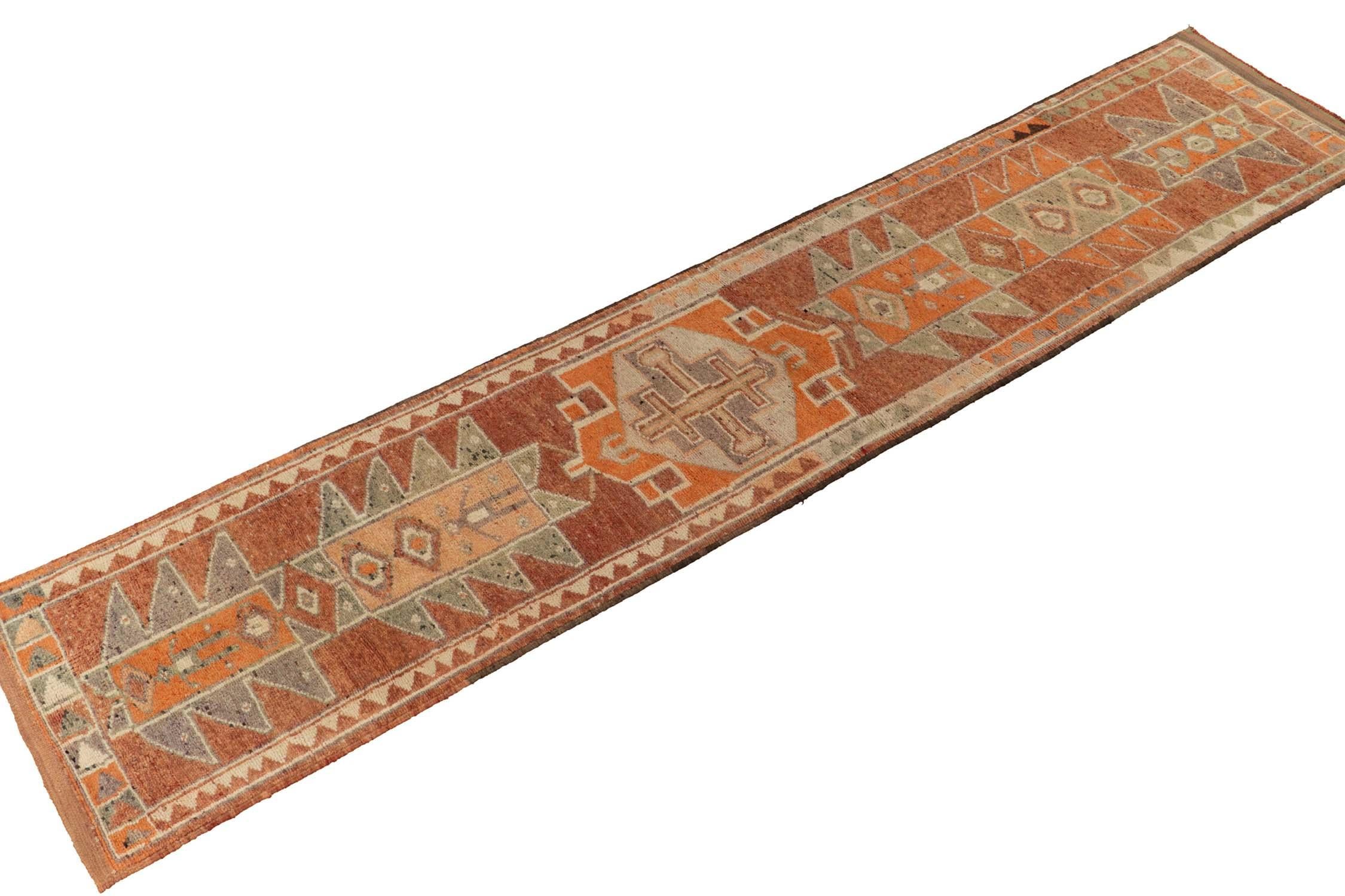 Turkish 1950s Vintage Tribal Runner in Orange Green and Geometric Pattern by Rug & Kilim For Sale