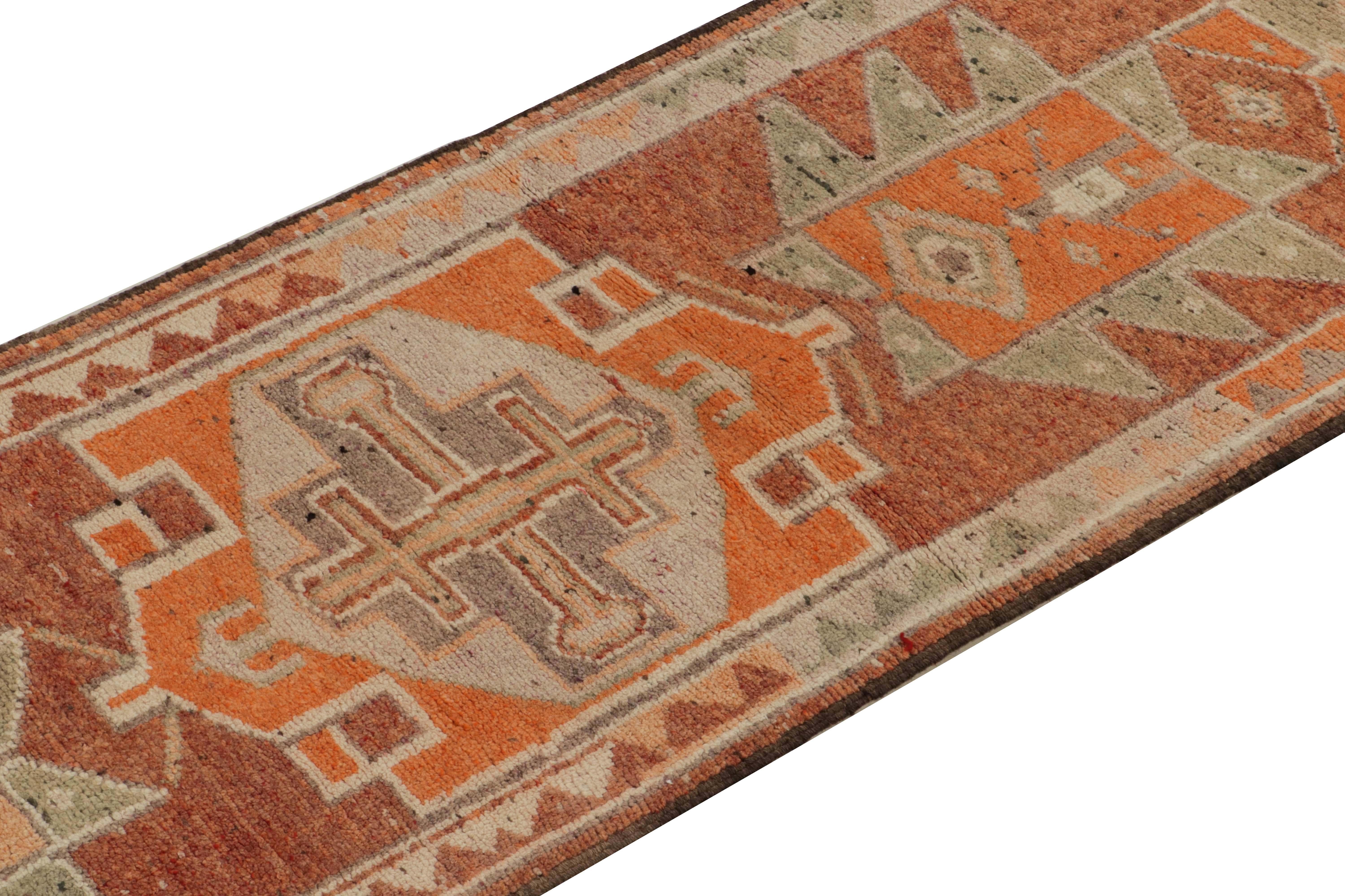 Hand-Knotted 1950s Vintage Tribal Runner in Orange Green and Geometric Pattern by Rug & Kilim For Sale