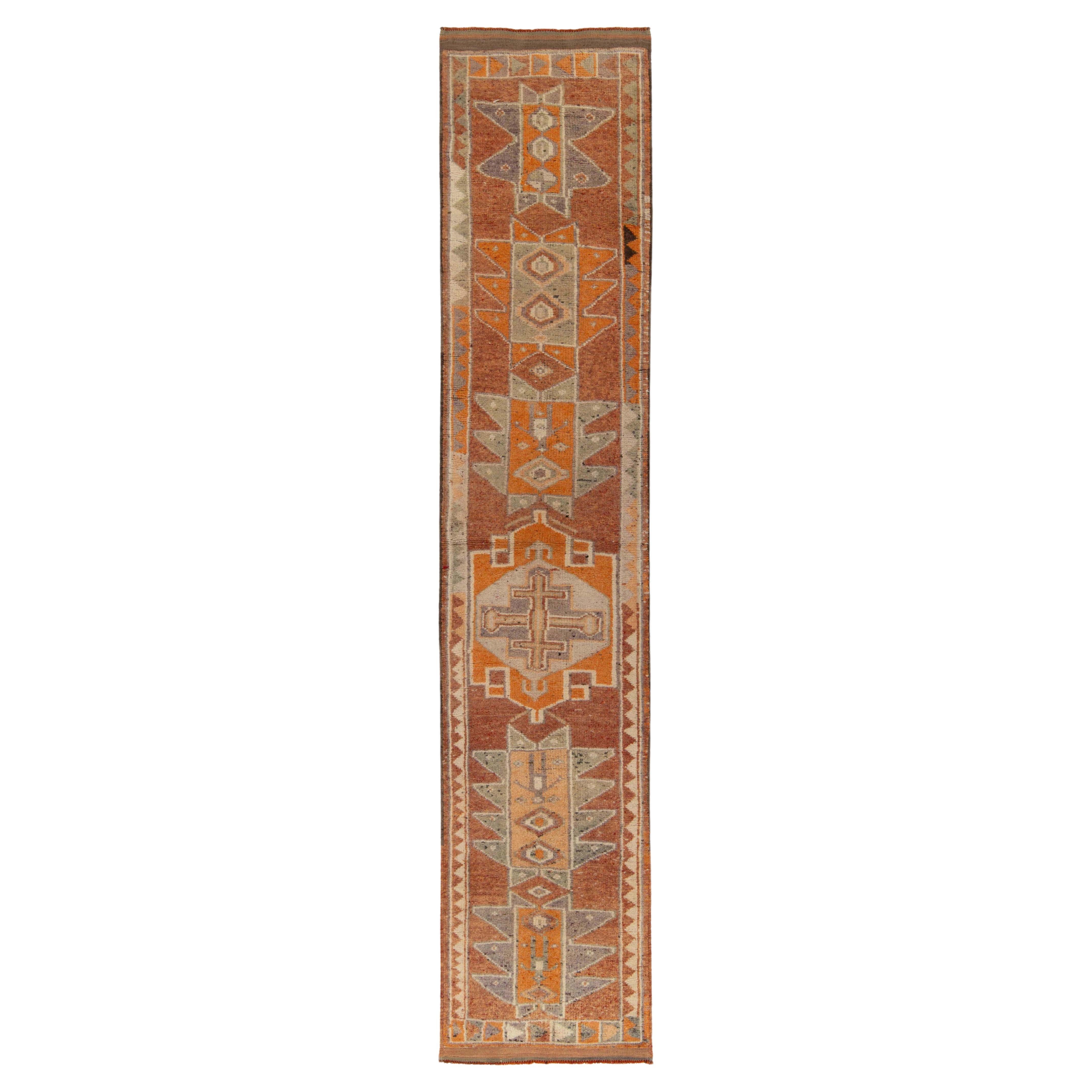 1950s Vintage Tribal Runner in Orange Green and Geometric Pattern by Rug & Kilim For Sale