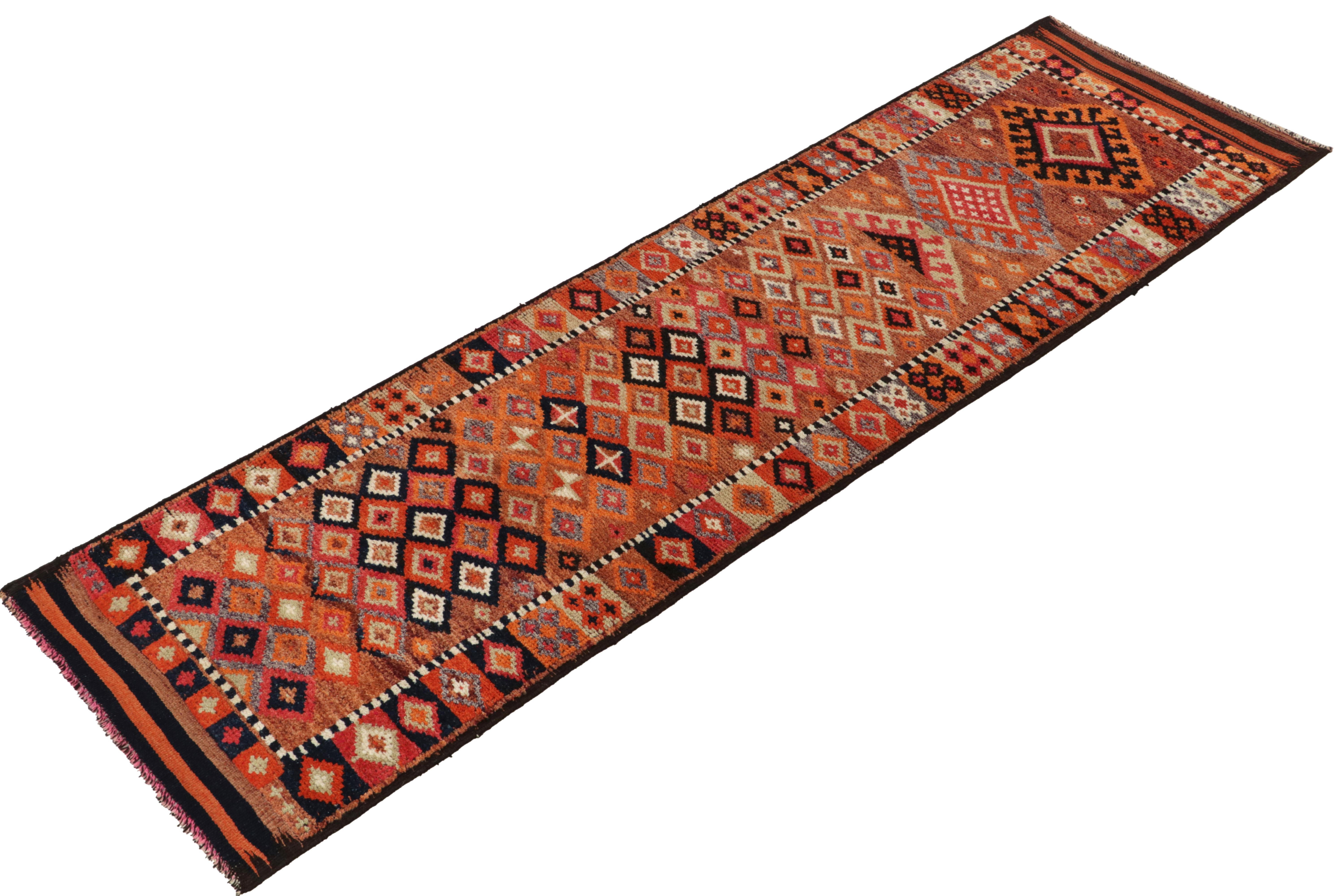 Turkish 1950s Vintage Tribal Runner in Orange Multihued Geometric Pattern by Rug & Kilim For Sale