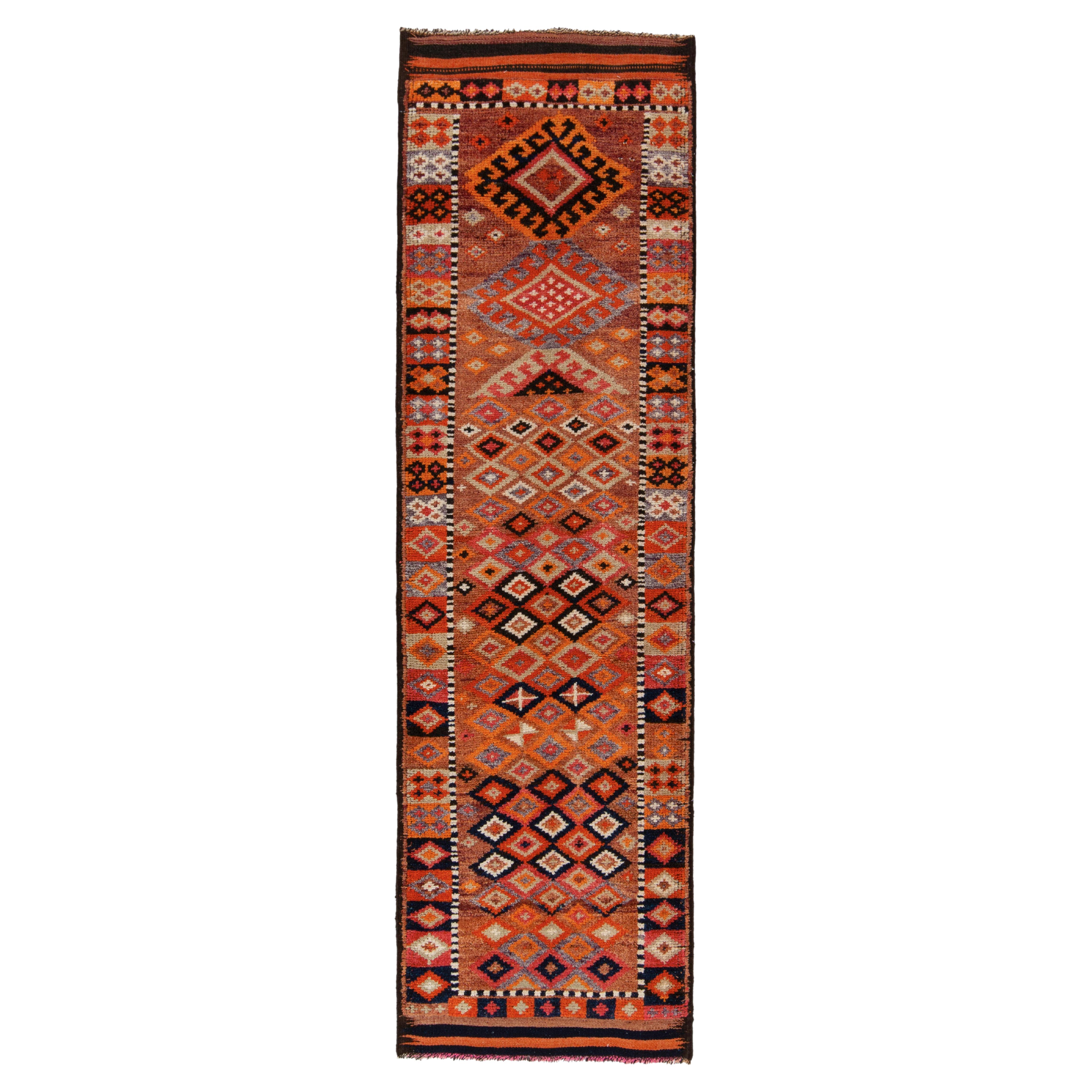 1950s Vintage Tribal Runner in Orange Multihued Geometric Pattern by Rug & Kilim For Sale