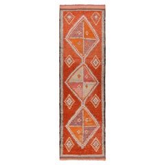 1950s Vintage Tribal Runner in Orange, Red Medallion Patterns by Rug & Kilim