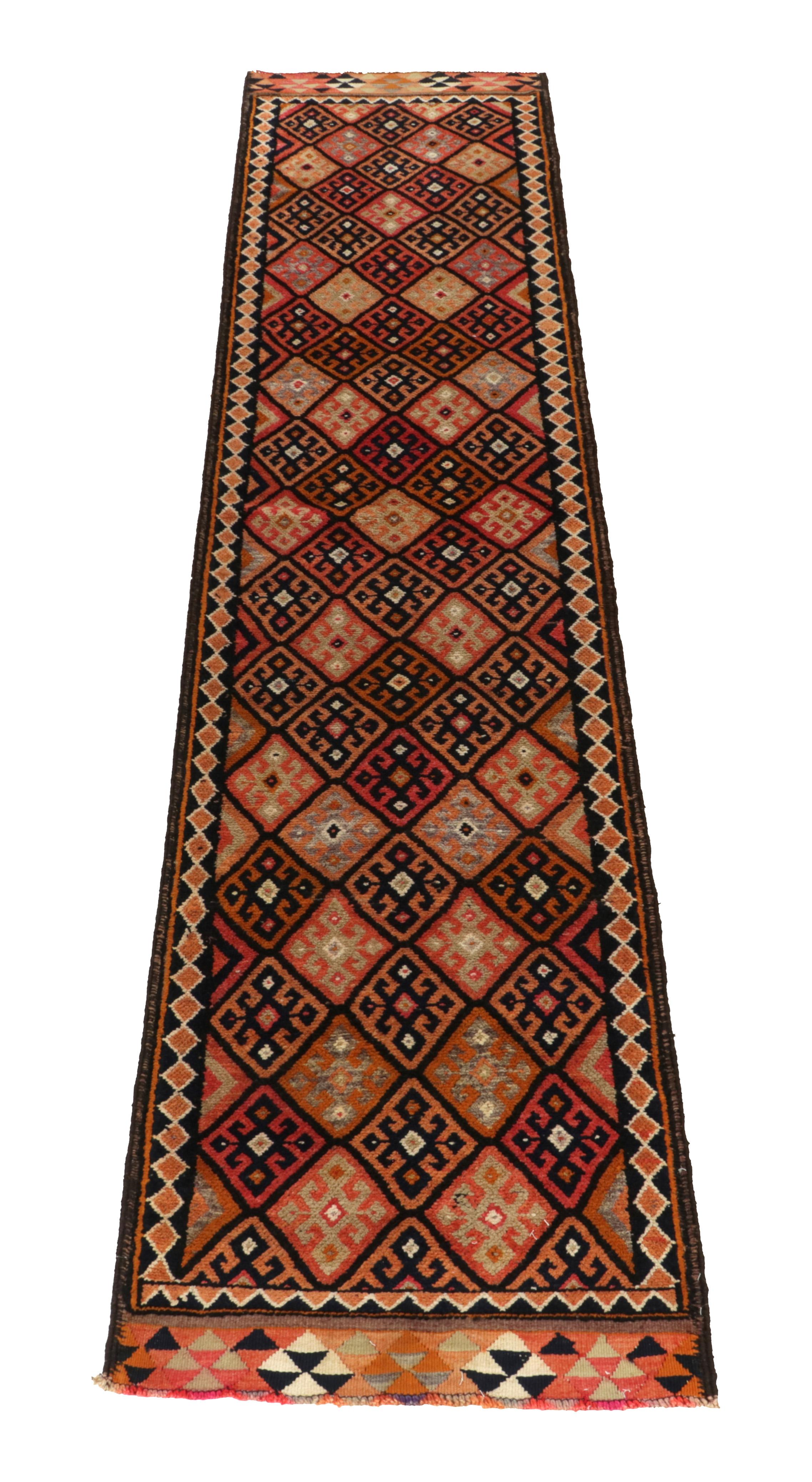 Hand-knotted in wool, a 3x13 runner from Rug & Kilim’s newest bold curation of rare tribal rug designs.

Originating from Turkey circa 1950-1960, the field enjoys diamond patterns encasing traditional motifs in warm red, orange, and vibrant hues