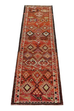 1950s Vintage Tribal Runner in Orange Red Multihued Tribal Motifs by Rug & Kilim