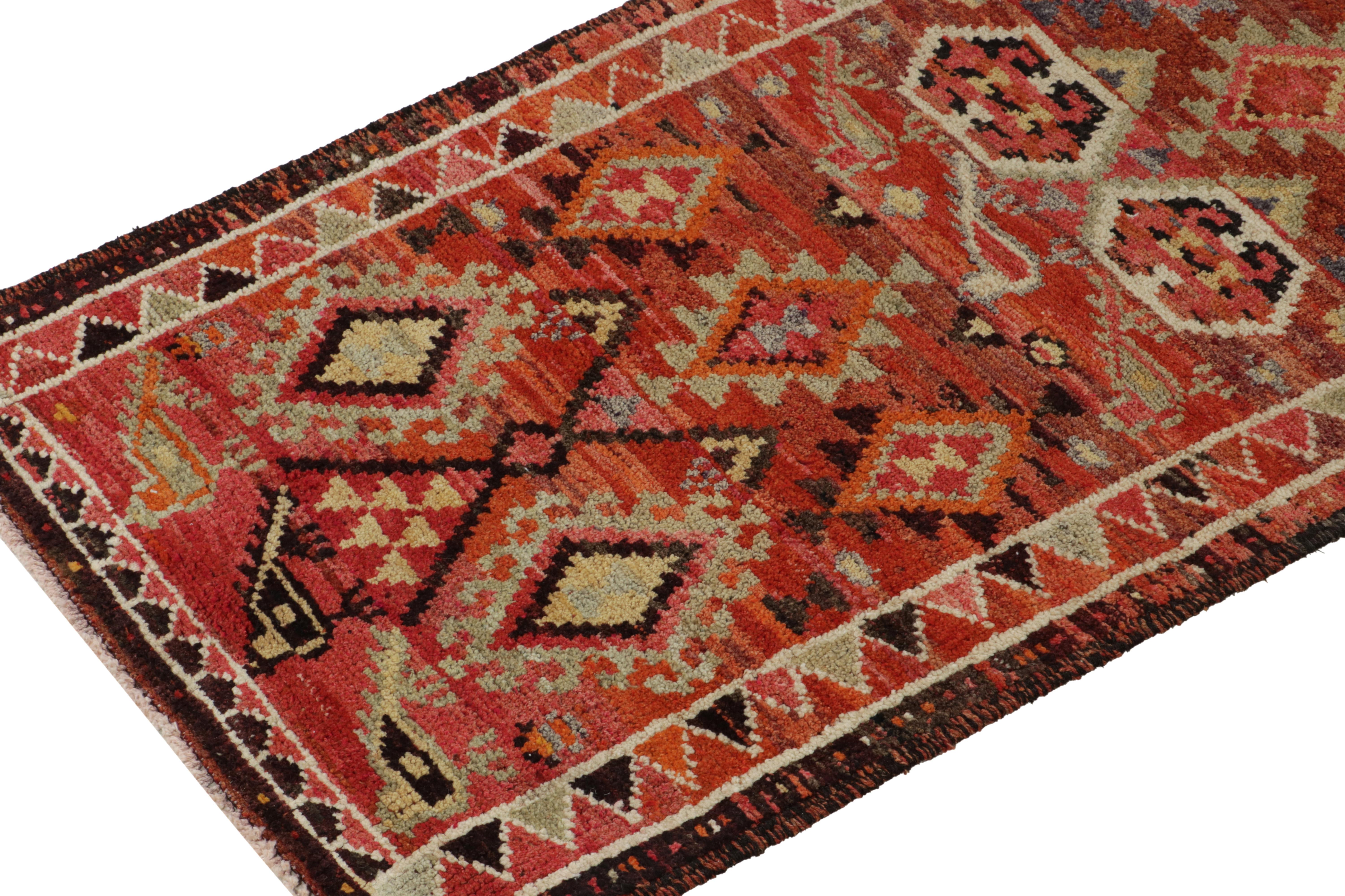 Hand-Knotted 1950s Vintage Tribal Runner in Orange Red Multihued Tribal Motifs by Rug & Kilim For Sale