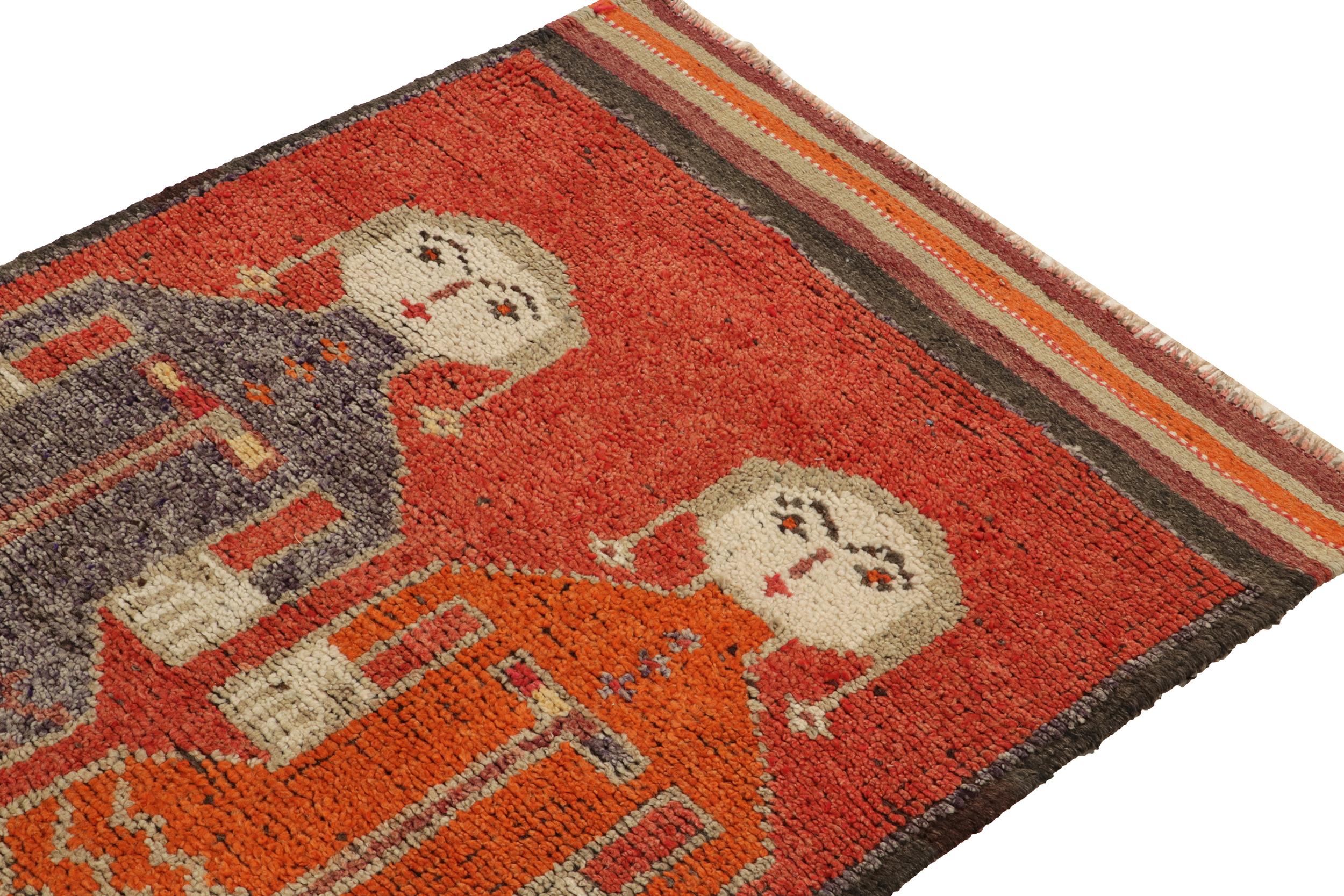 Hand-Knotted 1950s Vintage Tribal runner in Red and Orange Pictorial Medallion by Rug & Kilim For Sale