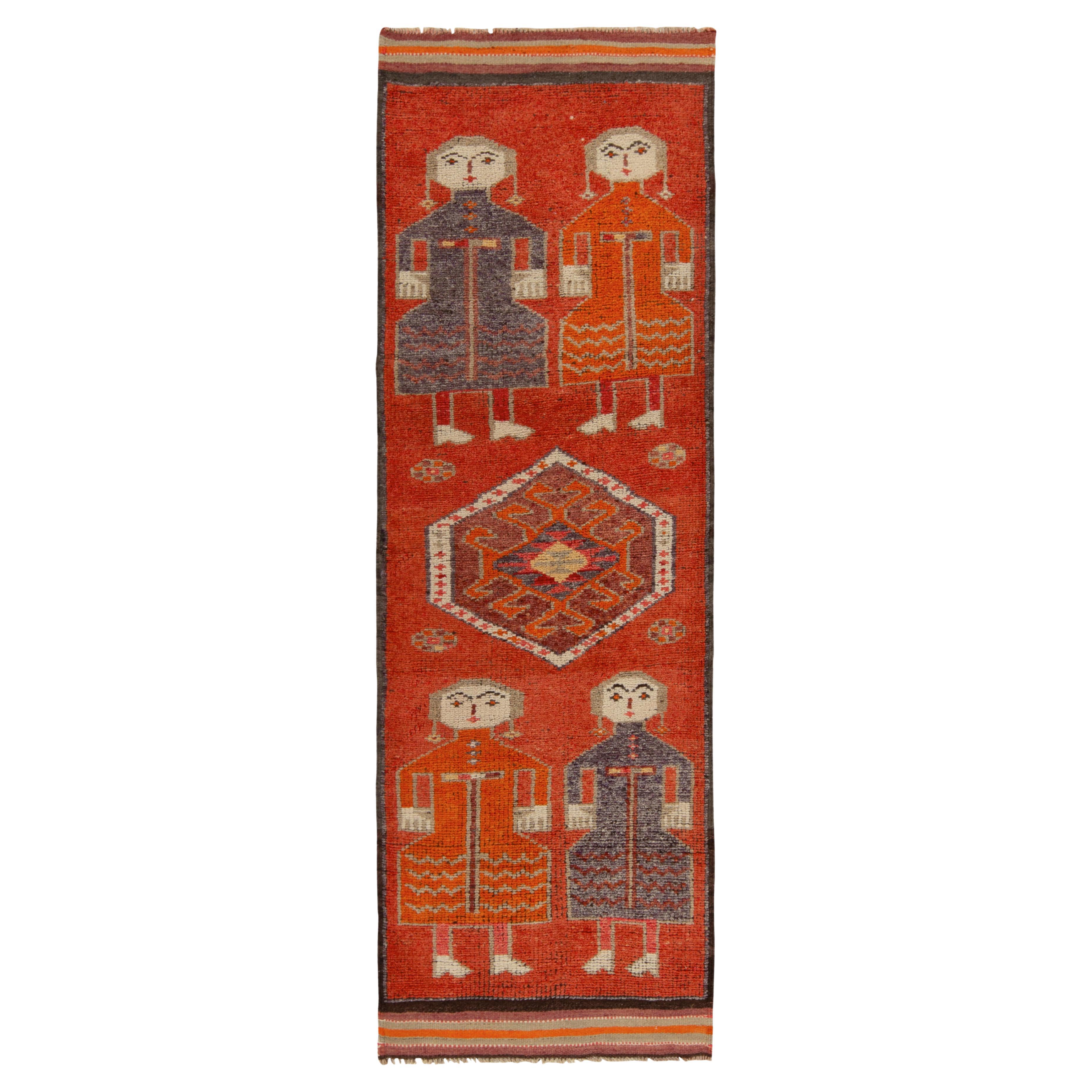 1950s Vintage Tribal runner in Red and Orange Pictorial Medallion by Rug & Kilim For Sale