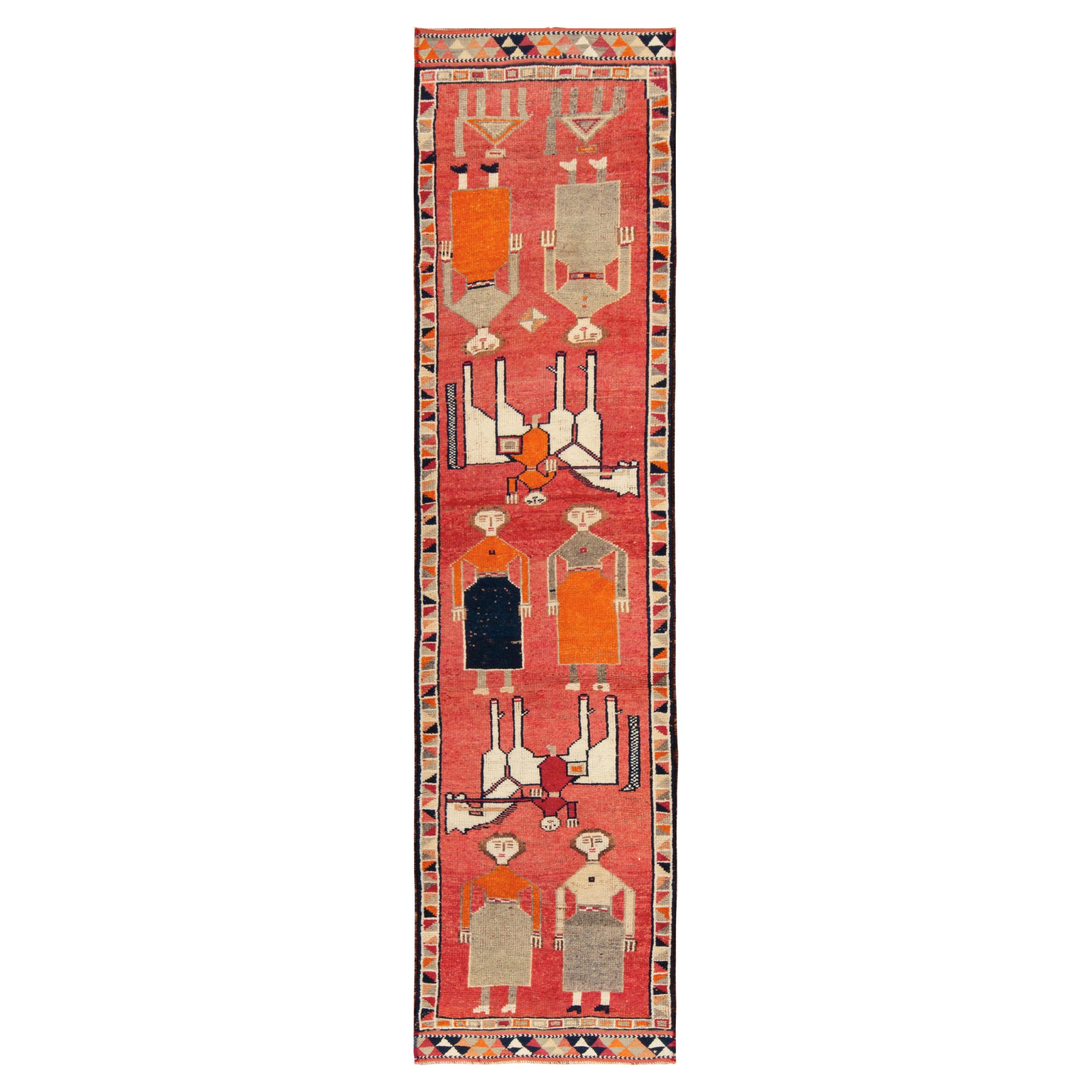 1950s Vintage Tribal Runner in Red Background Multihued Pictorial by Rug & Kilim For Sale