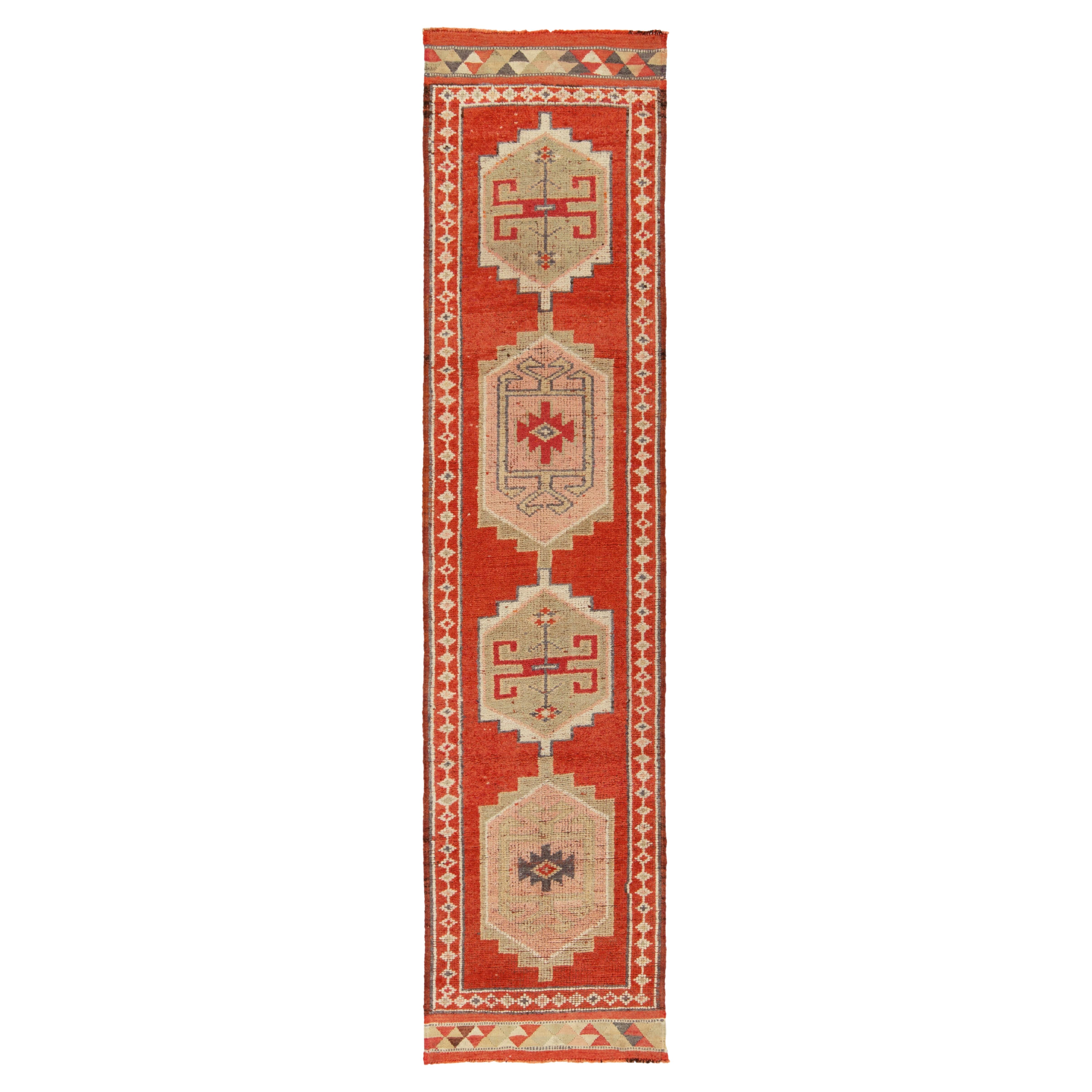 1950s Vintage Tribal Runner in Red, Beige and Medallion Patterns by Rug & Kilim For Sale