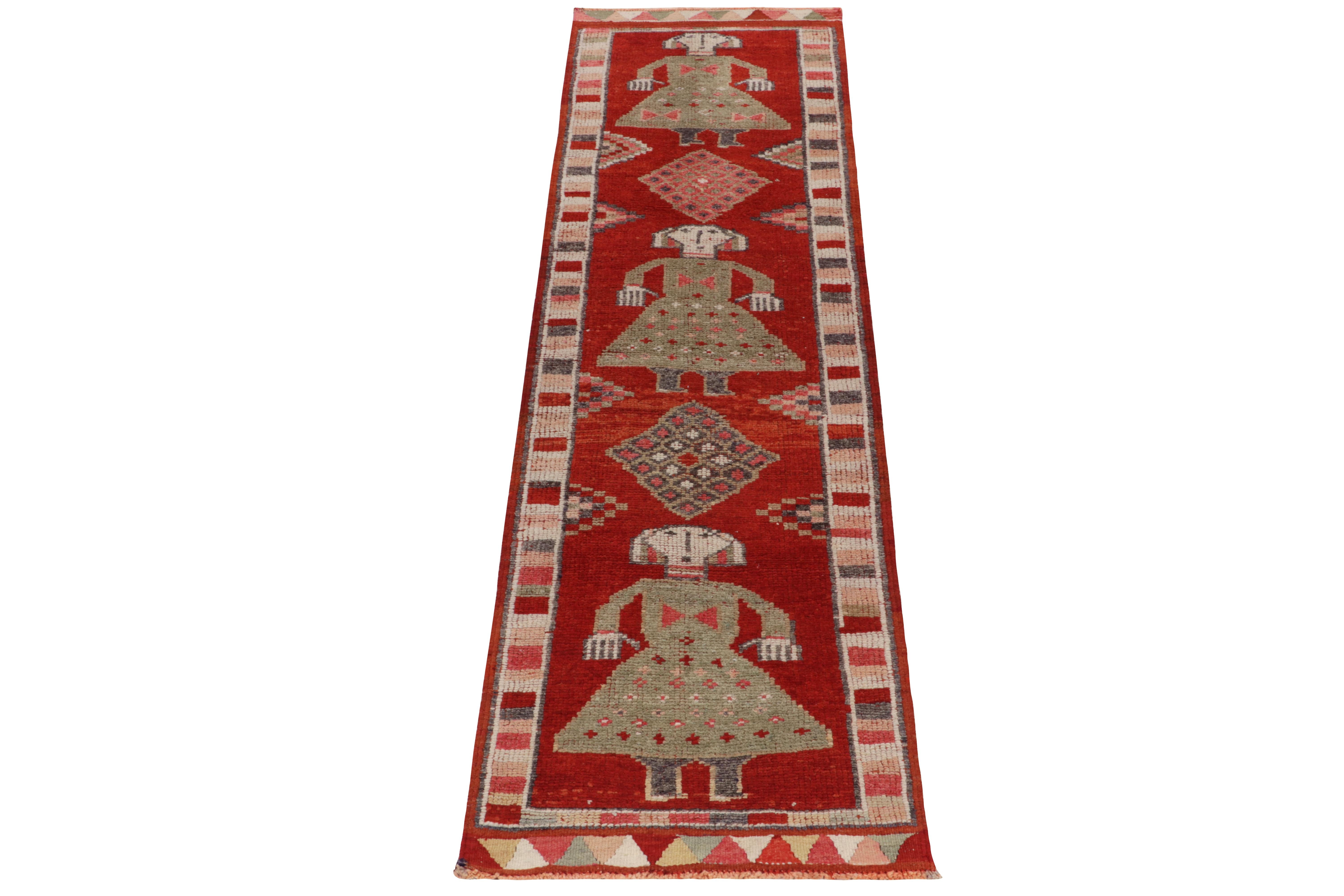 Hand-knotted in wool, a 3x11 runner from Rug & Kilim’s latest curation of rare tribal acquisitions. Originating from Turkey circa 1950-1960, as rare in pictorial design as it is versatile in its decorative size. 

The piece enjoys pictorials on