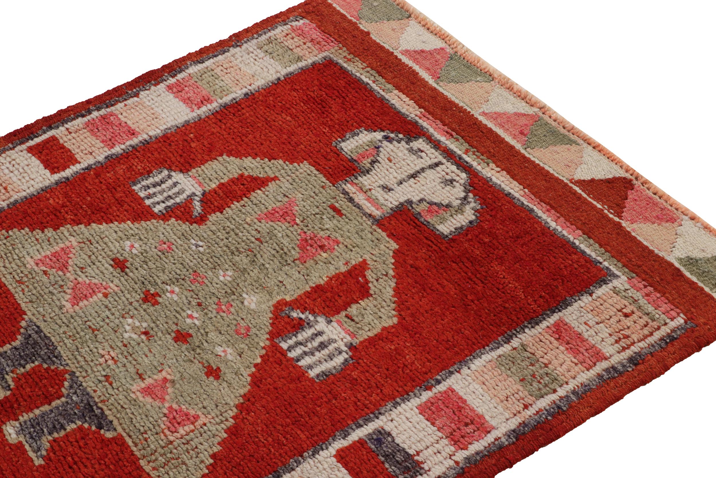 Hand-Knotted 1950s Vintage Tribal Runner in Red, Green and Pictorial Figures by Rug & Kilim For Sale