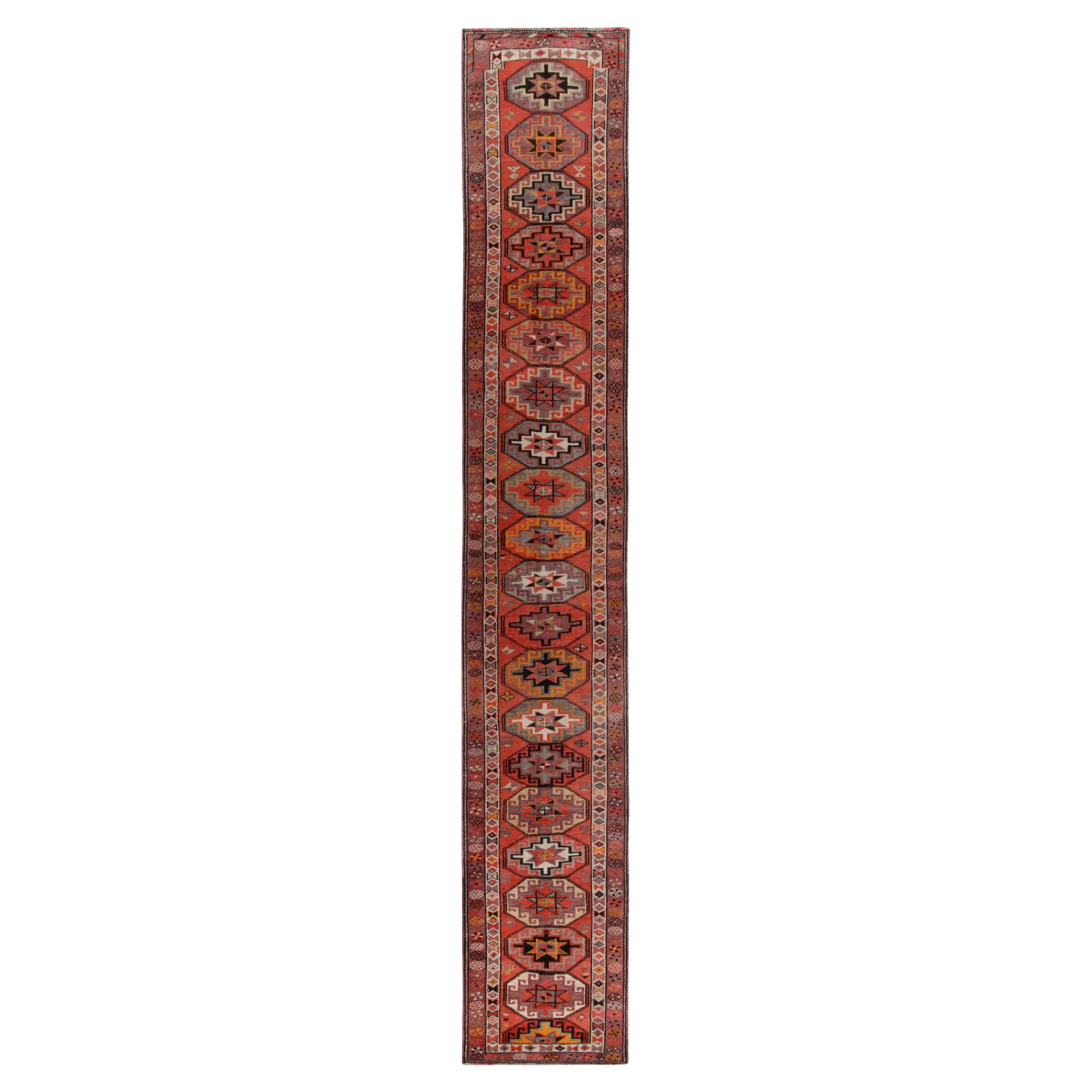 1950s Vintage Tribal Runner in Red, Gold and Medallion Patterns by Rug & Kilim For Sale