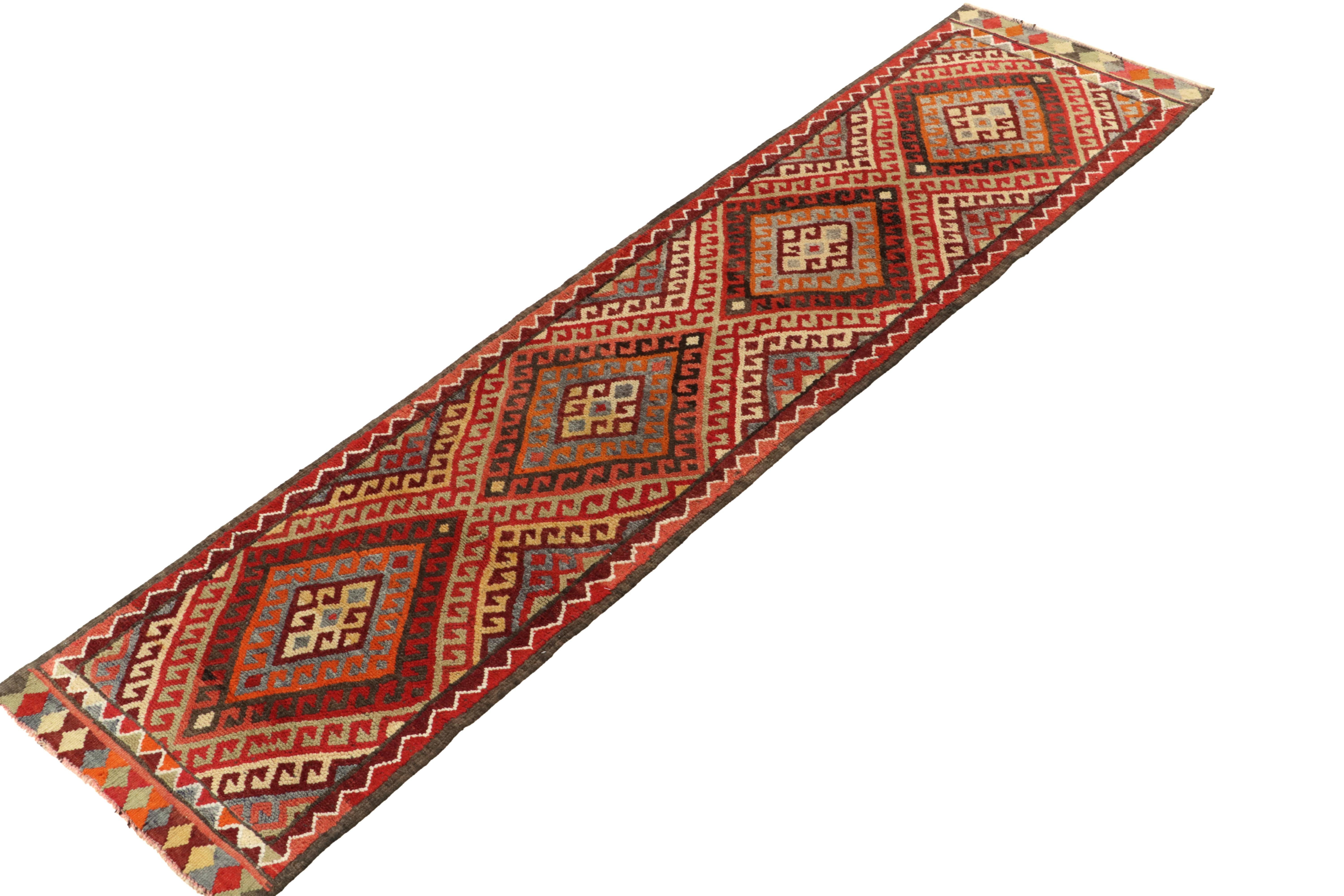 Hand-knotted in wool, a 3x11 runner from Rug & Kilim’s prized new curation of rare tribal rugs.

Originating from Turkey circa 1950-1960, the drawing relishes a symmetric diamond pattern with traditional latch hooks in rich orange, beige-brown,