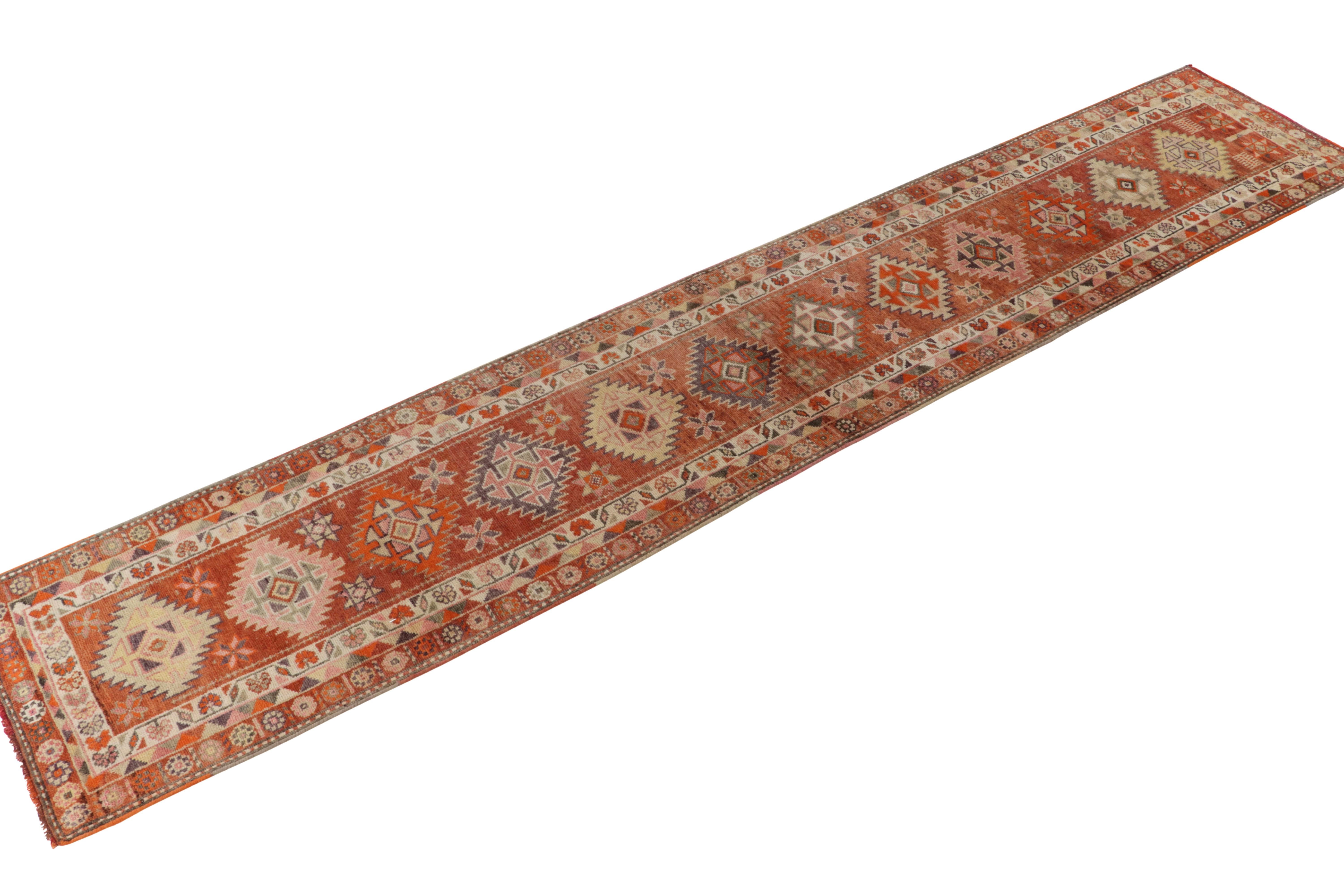Hand-knotted in wool, a 3x16 vintage runner from Rug & Kilim’s latest curation of rare tribal pieces. Originating from Turkey circa 1950-1960, a particularly uncommon piece of super length and equally delicious colors.   

On the Design: 

The rug