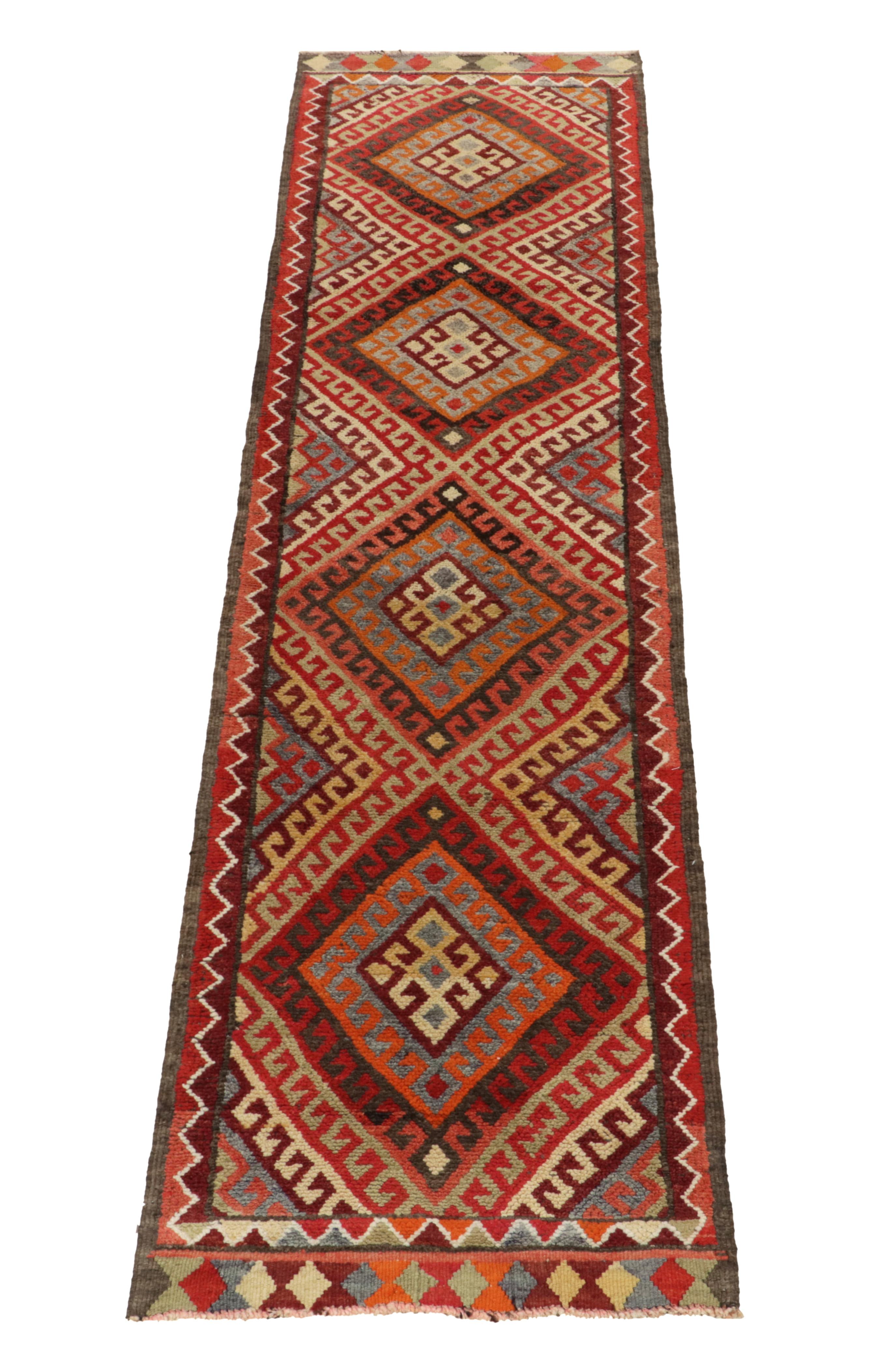 Turkish 1950s Vintage Tribal Runner in Red Orange Brown Geometric Pattern by Rug & Kilim