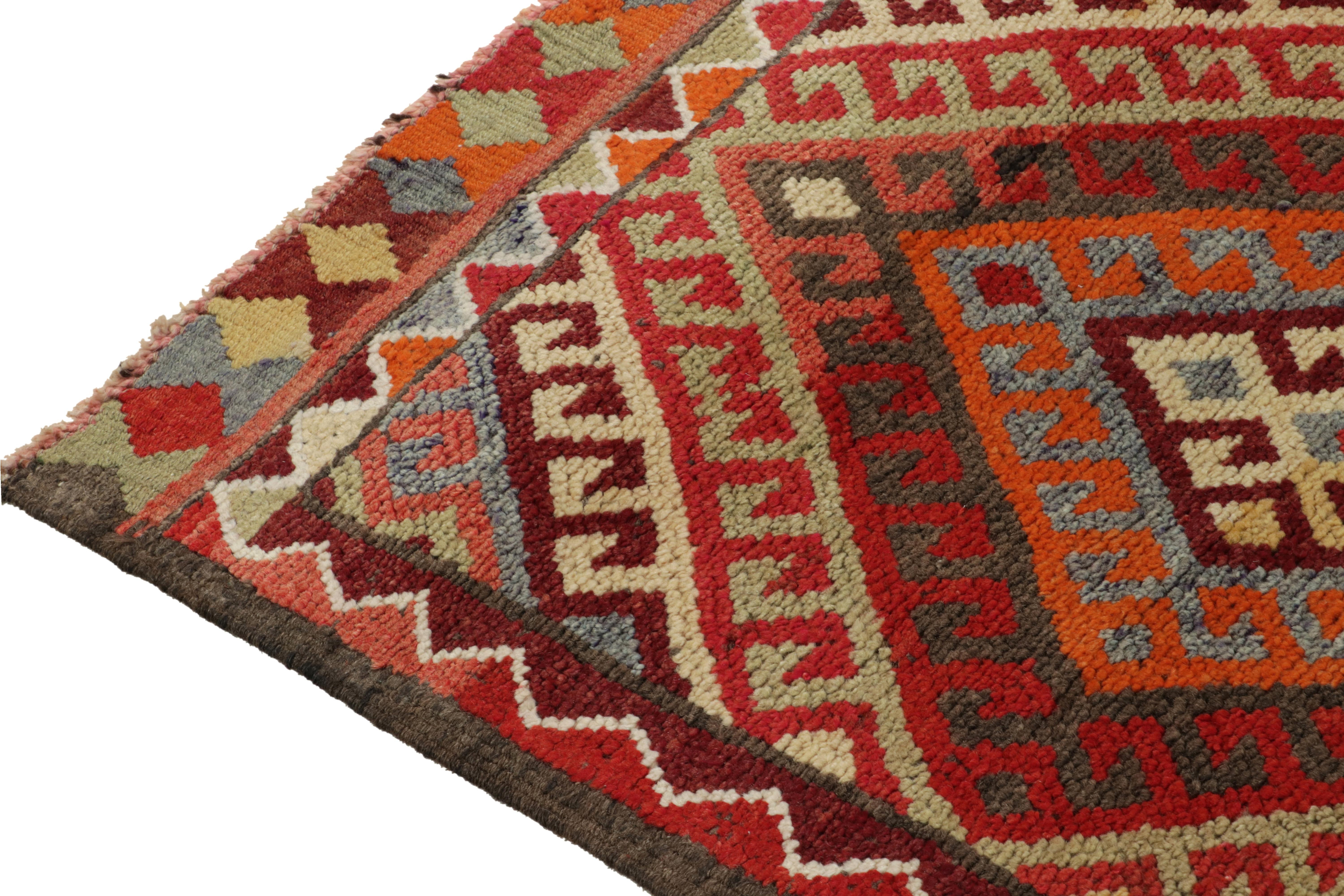 Hand-Knotted 1950s Vintage Tribal Runner in Red Orange Brown Geometric Pattern by Rug & Kilim For Sale