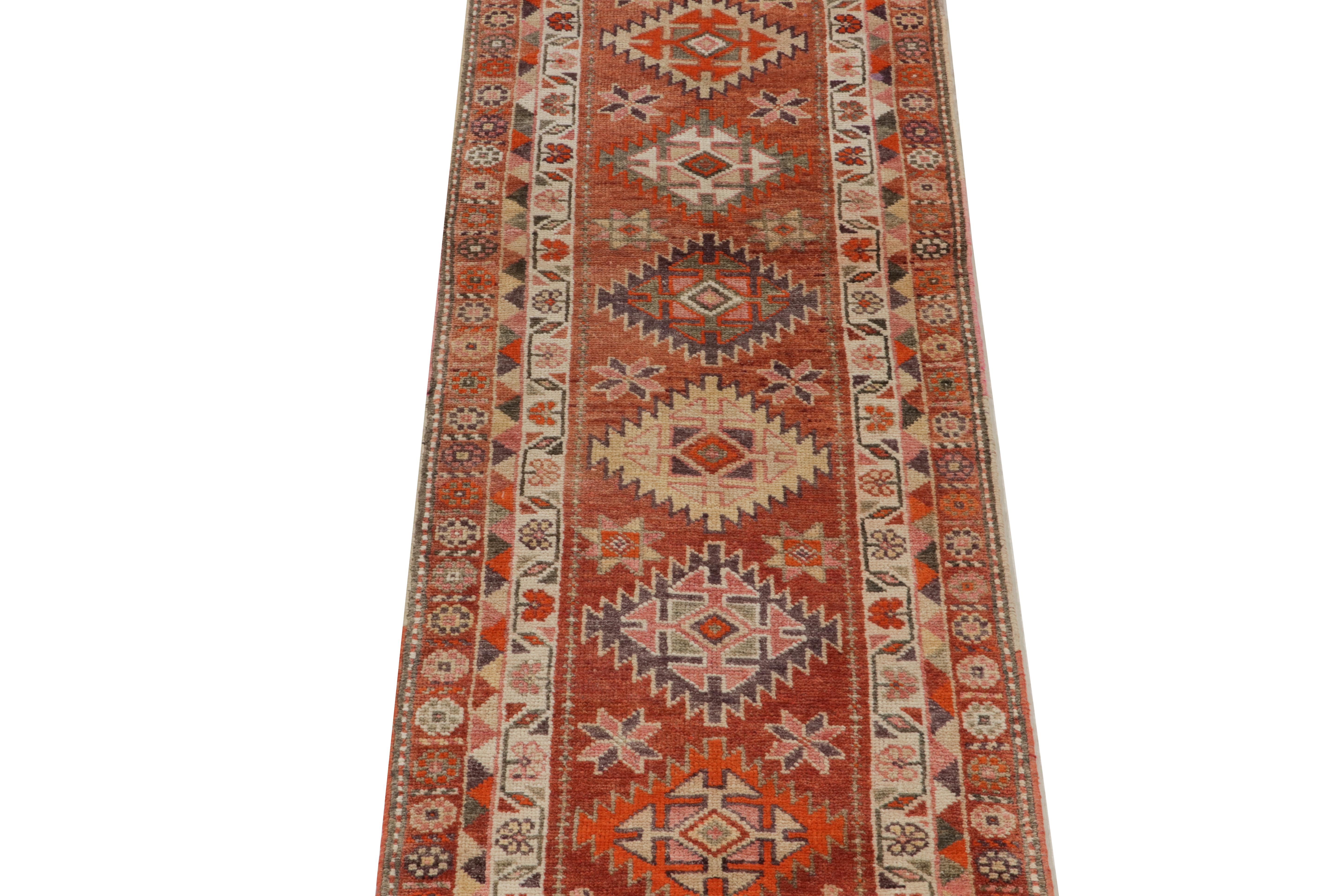 Hand-Knotted 1950s Vintage Tribal runner in Red, Orange and Beige-Brown Geometric Patterns For Sale