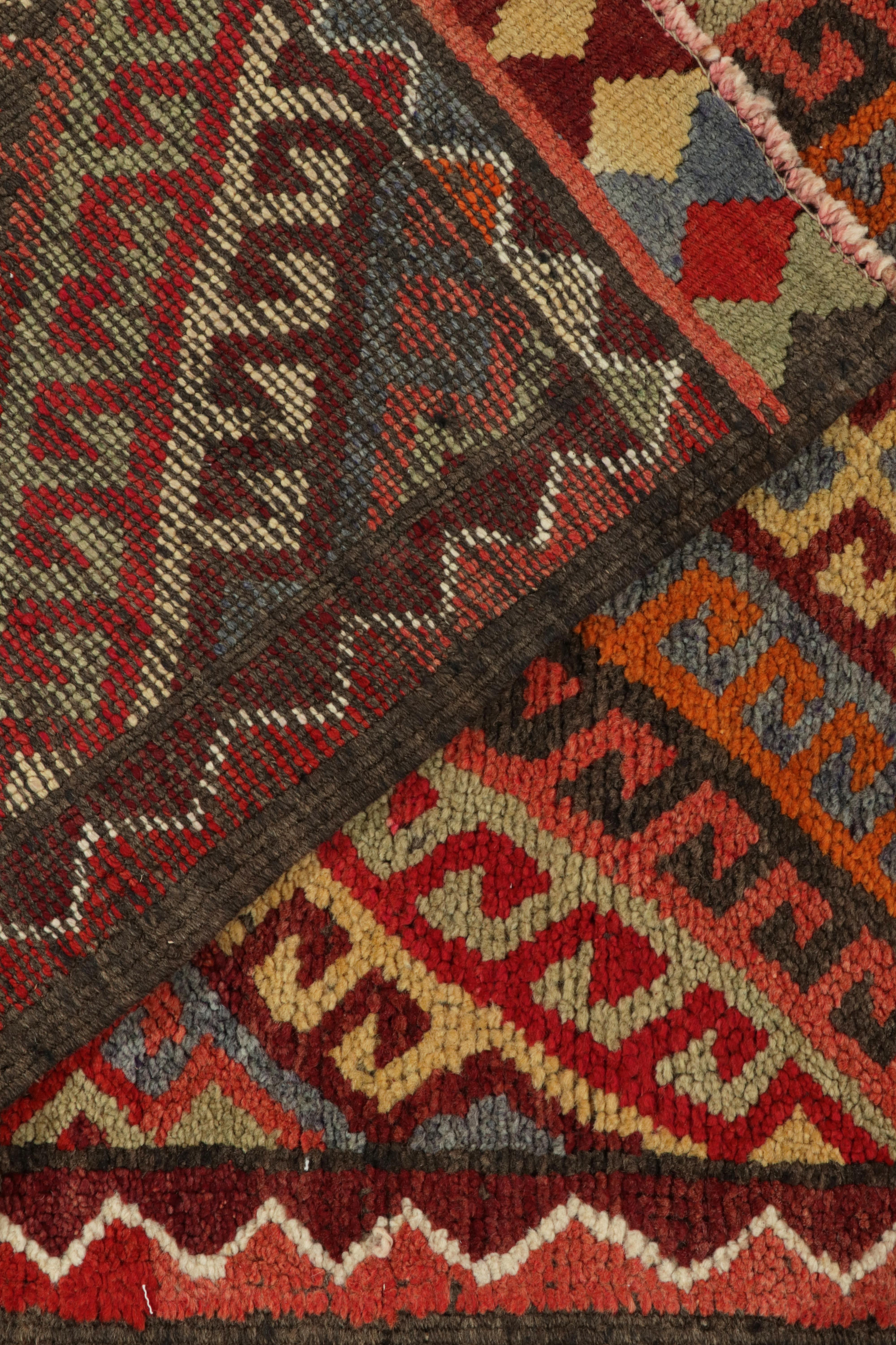 Wool 1950s Vintage Tribal Runner in Red Orange Brown Geometric Pattern by Rug & Kilim For Sale