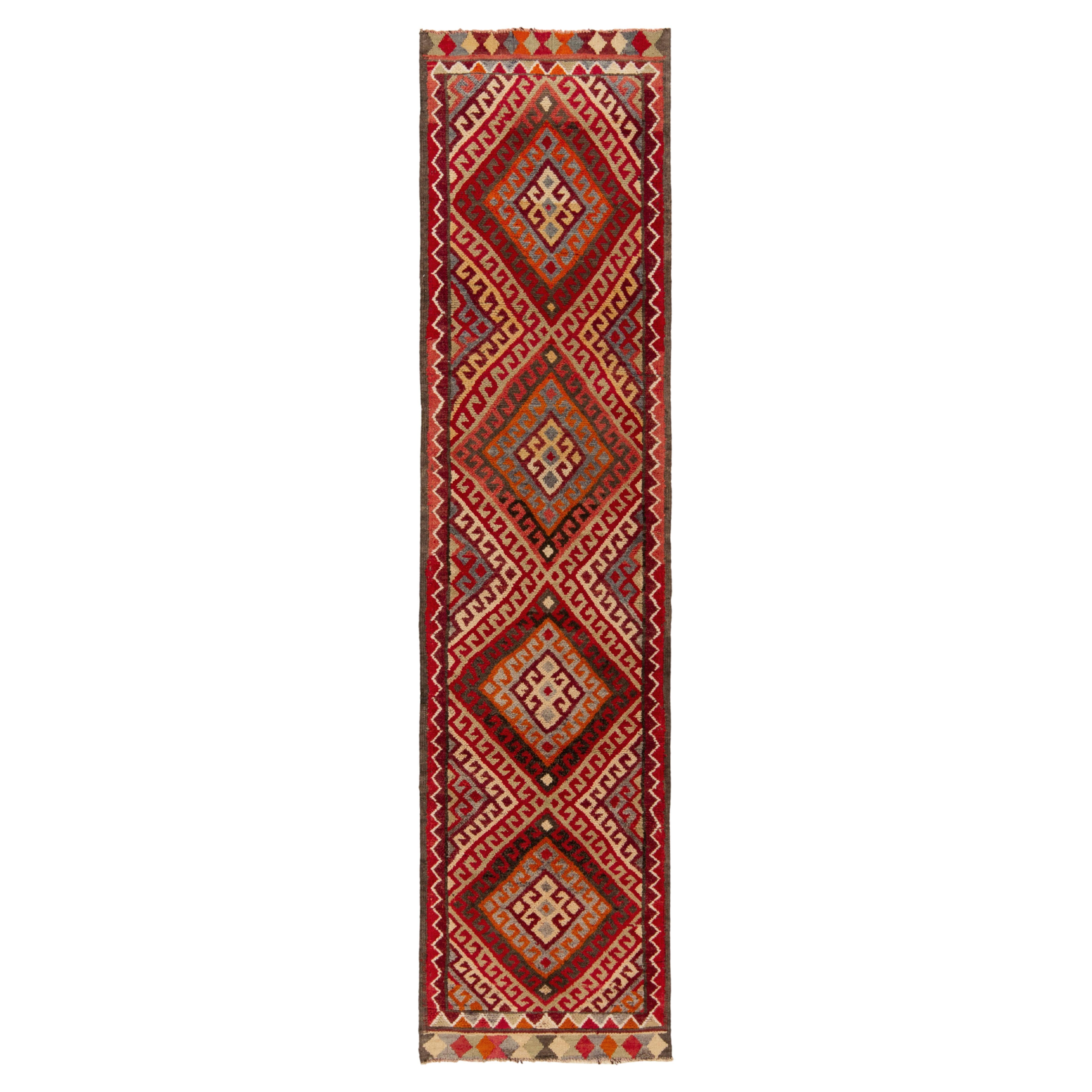1950s Vintage Tribal Runner in Red Orange Brown Geometric Pattern by Rug & Kilim For Sale