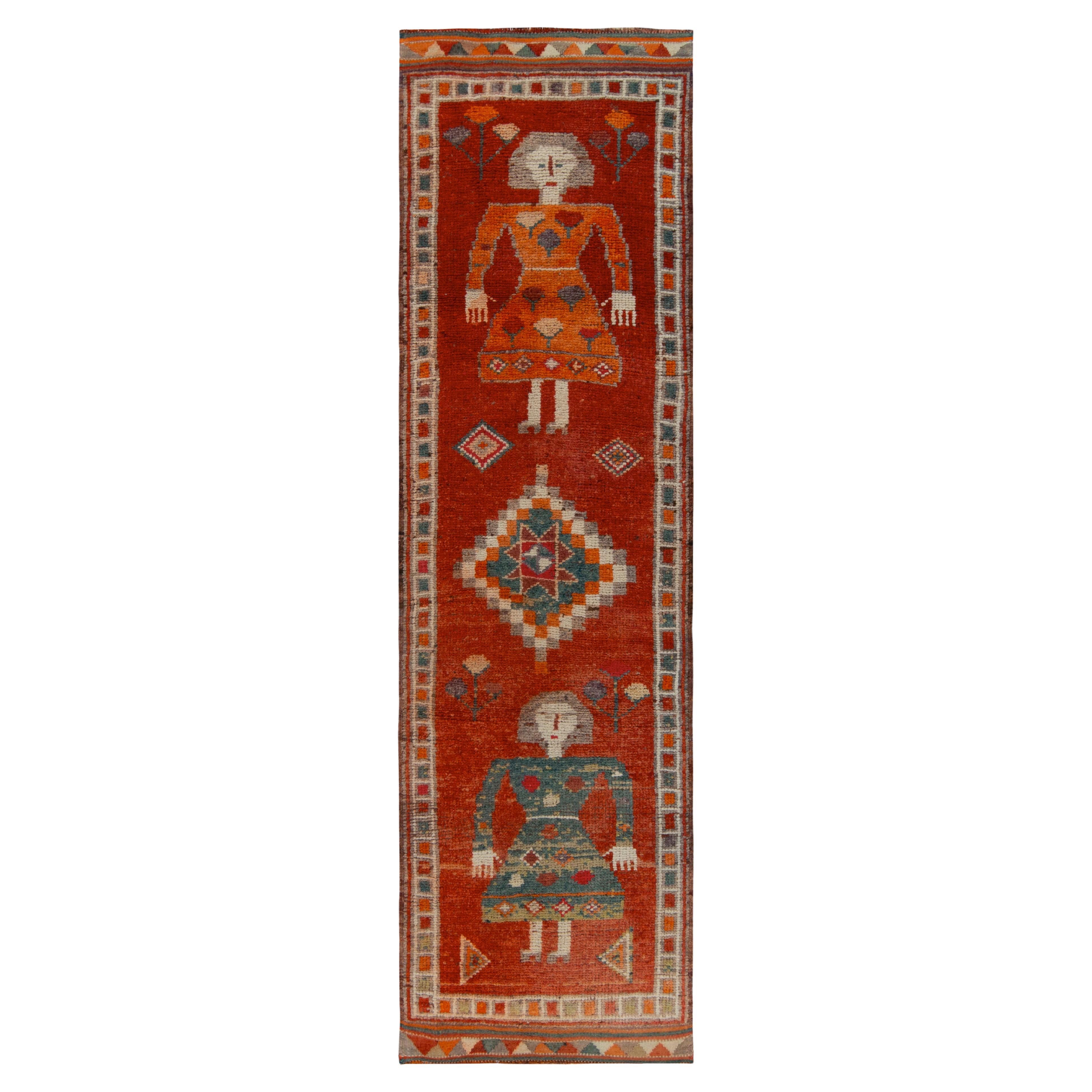 1950s Vintage Tribal Runner in Red, Orange Pictorial Figures by Rug & Kilim For Sale