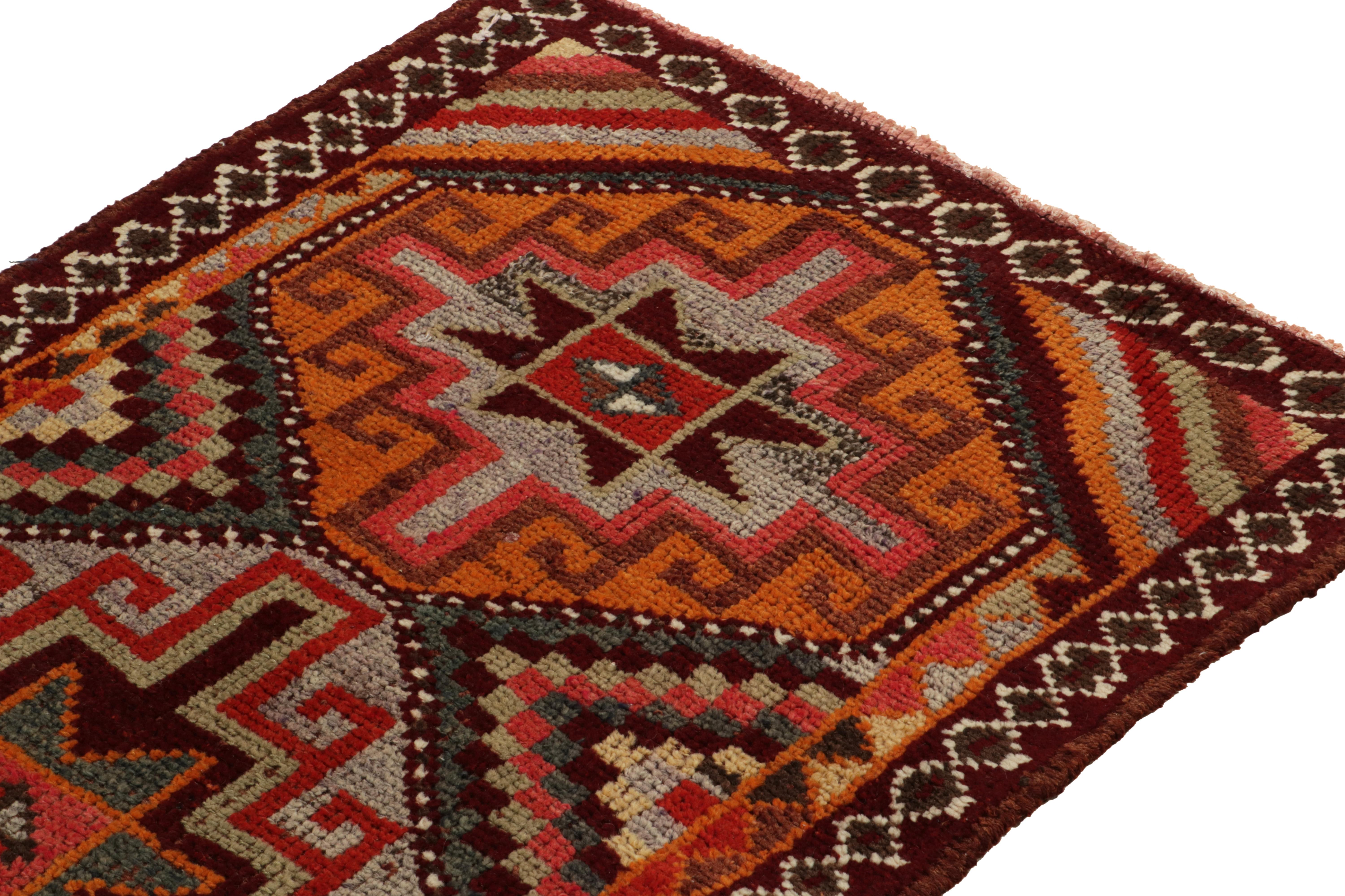 Hand-Knotted 1950s Vintage Tribal Runner in Red, Orange Geometric Patterns by Rug & Kilim For Sale