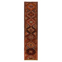 1950s Vintage Tribal Runner in Red, Orange Geometric Patterns by Rug & Kilim