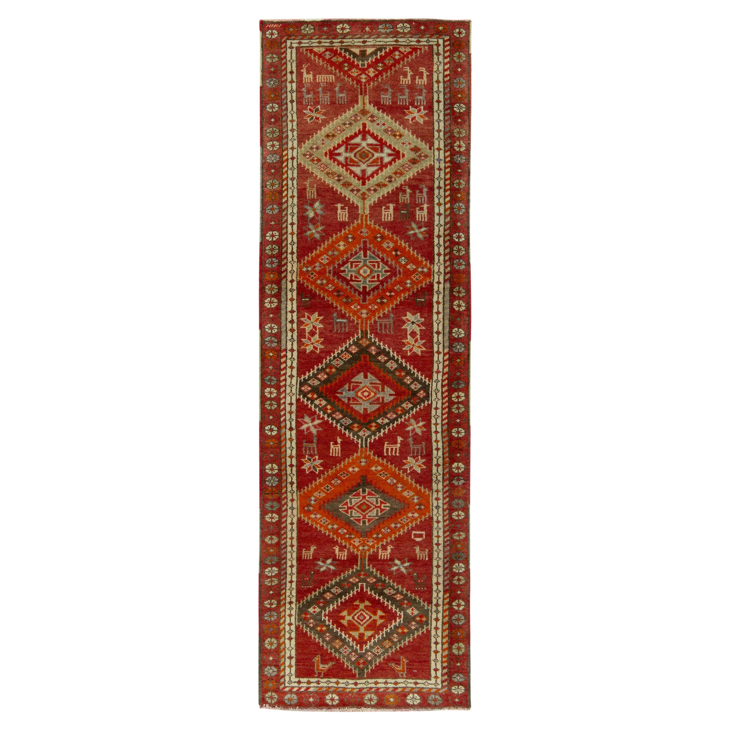 1950s Vintage Tribal Runner in Red, Orange Geometric Patterns by Rug & Kilim