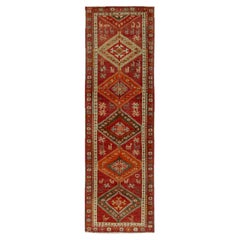 1950s Retro Tribal Runner in Red, Orange Geometric Patterns by Rug & Kilim