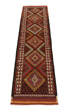 1950s Vintage Tribal Runner in Red, Orange, Geometric Patterns by Rug & Kilim