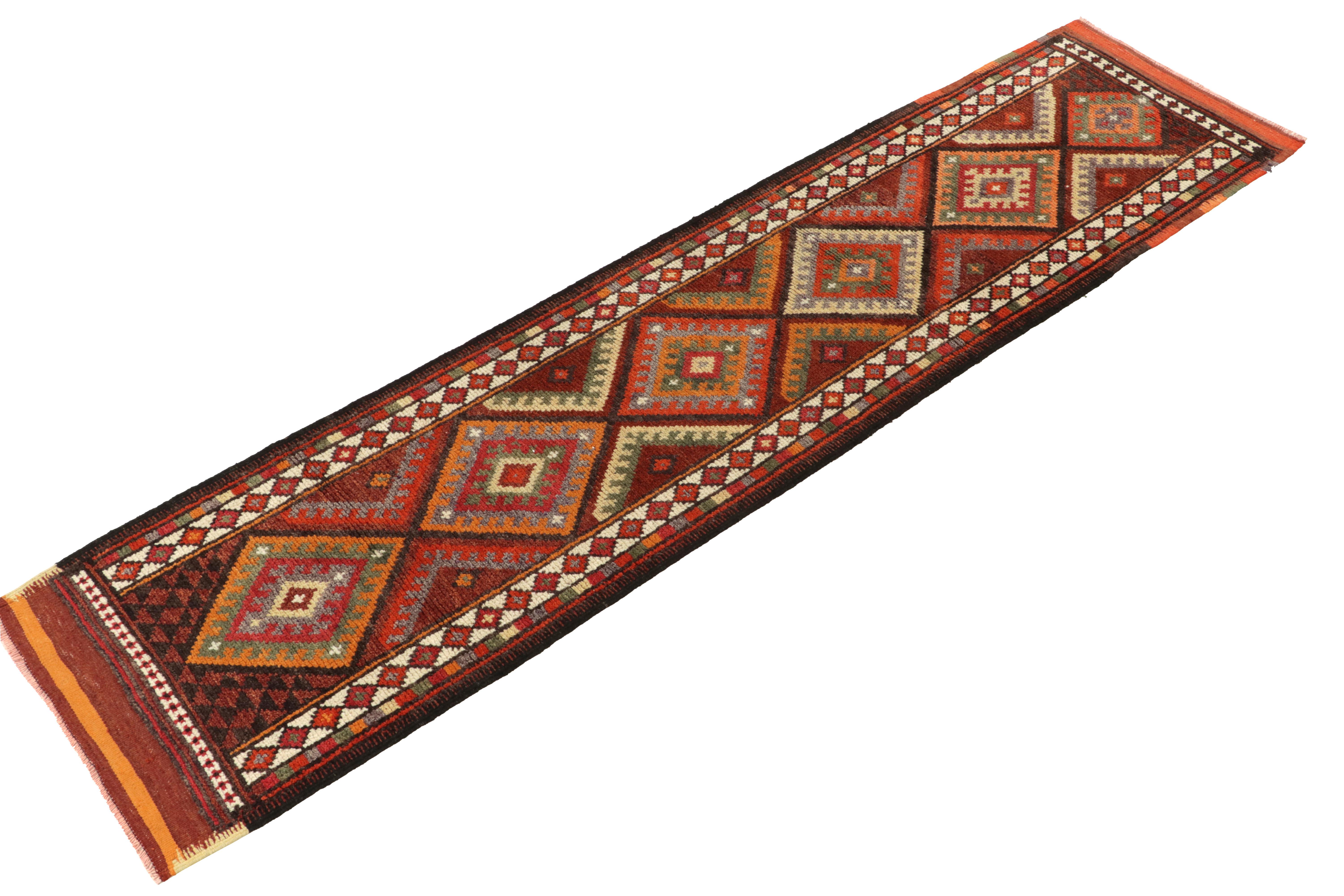 Turkish 1950s Vintage Tribal Runner in Red, Orange, Geometric Patterns by Rug & Kilim For Sale