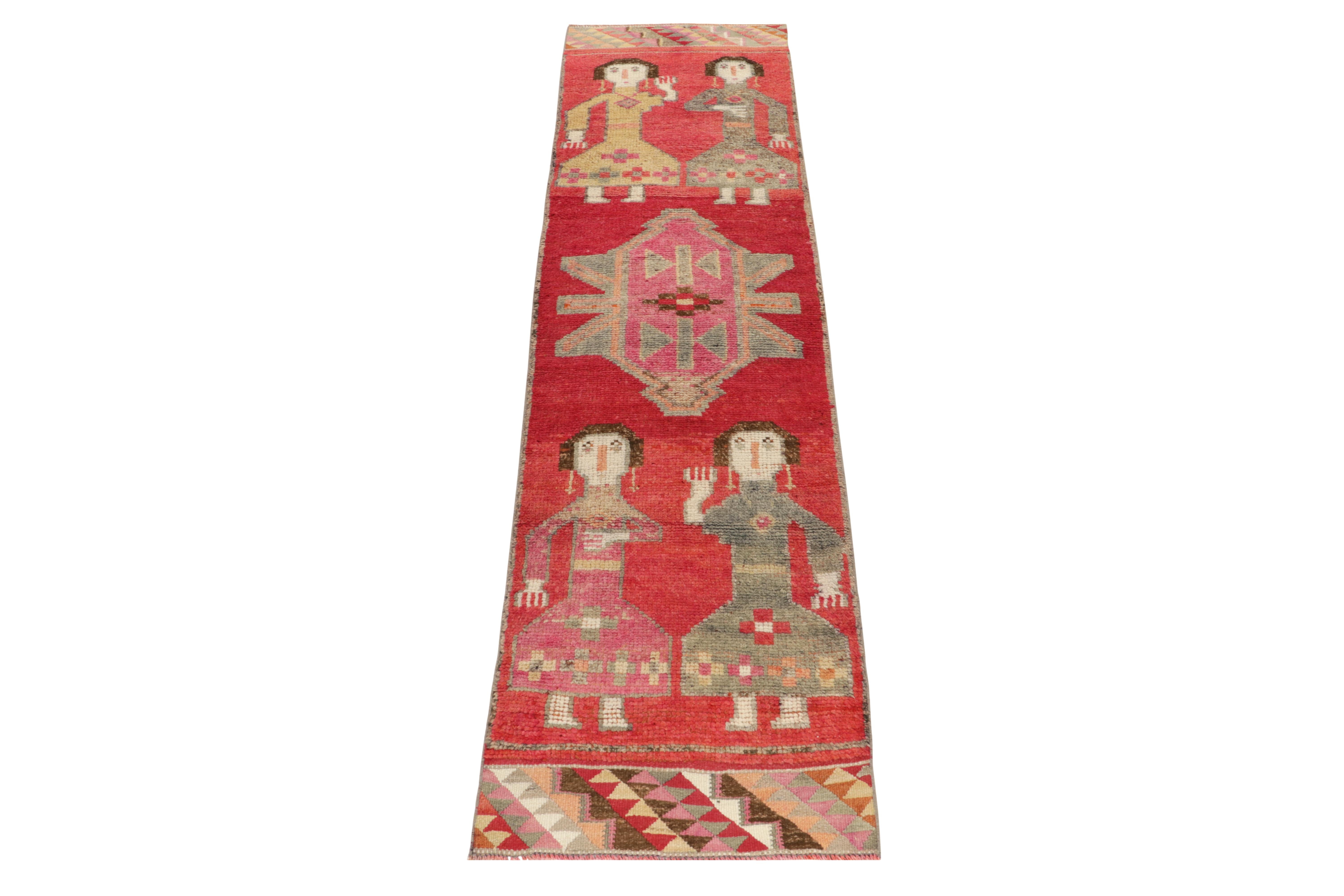 Hand-knotted in wool, a 3x11 runner from Rug & Kilim’s latest curation of rare tribal pieces. Originating from Turkey circa 1950-1960, as bold a representation of mid-century styles as it is collectible. 

The design enjoys pictorials & tribal