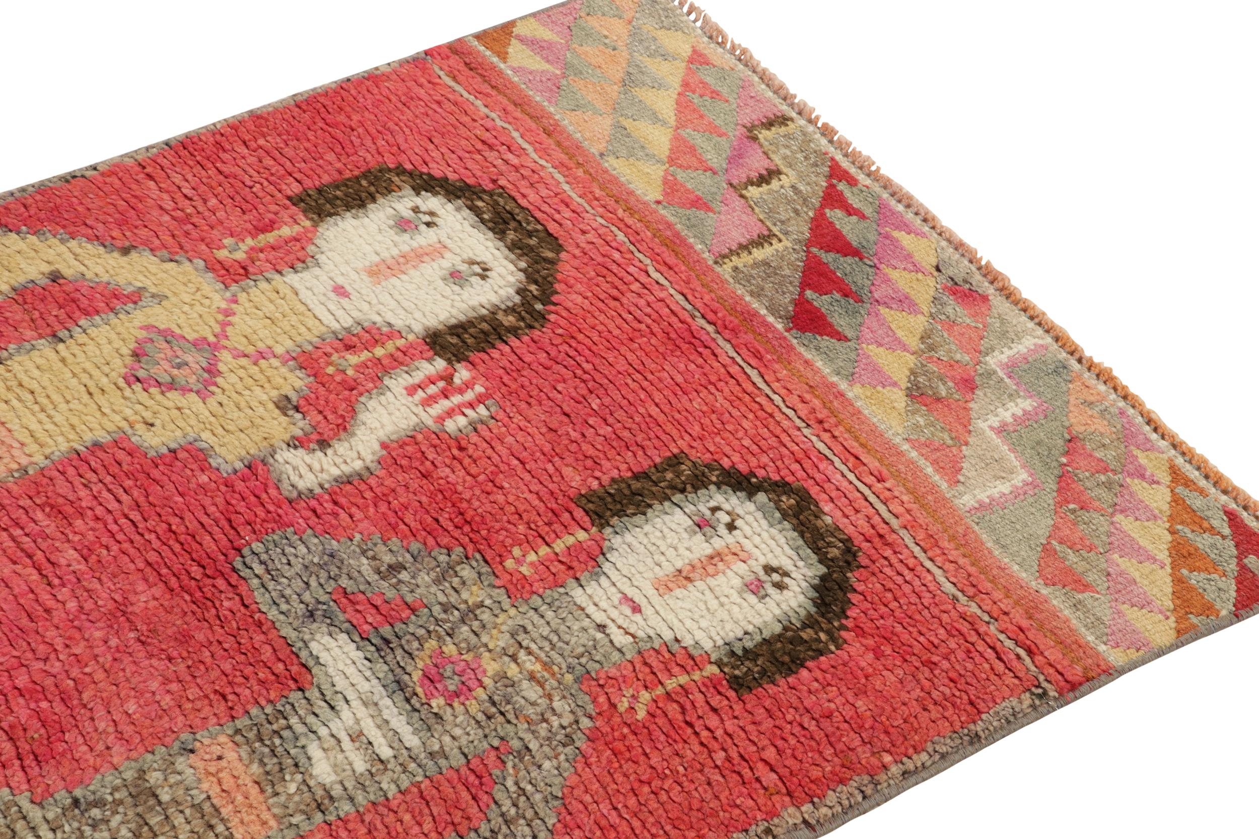 Hand-Knotted 1950s Vintage Tribal Runner in Red Pink Beige Pictorial Medallion by Rug & Kilim For Sale