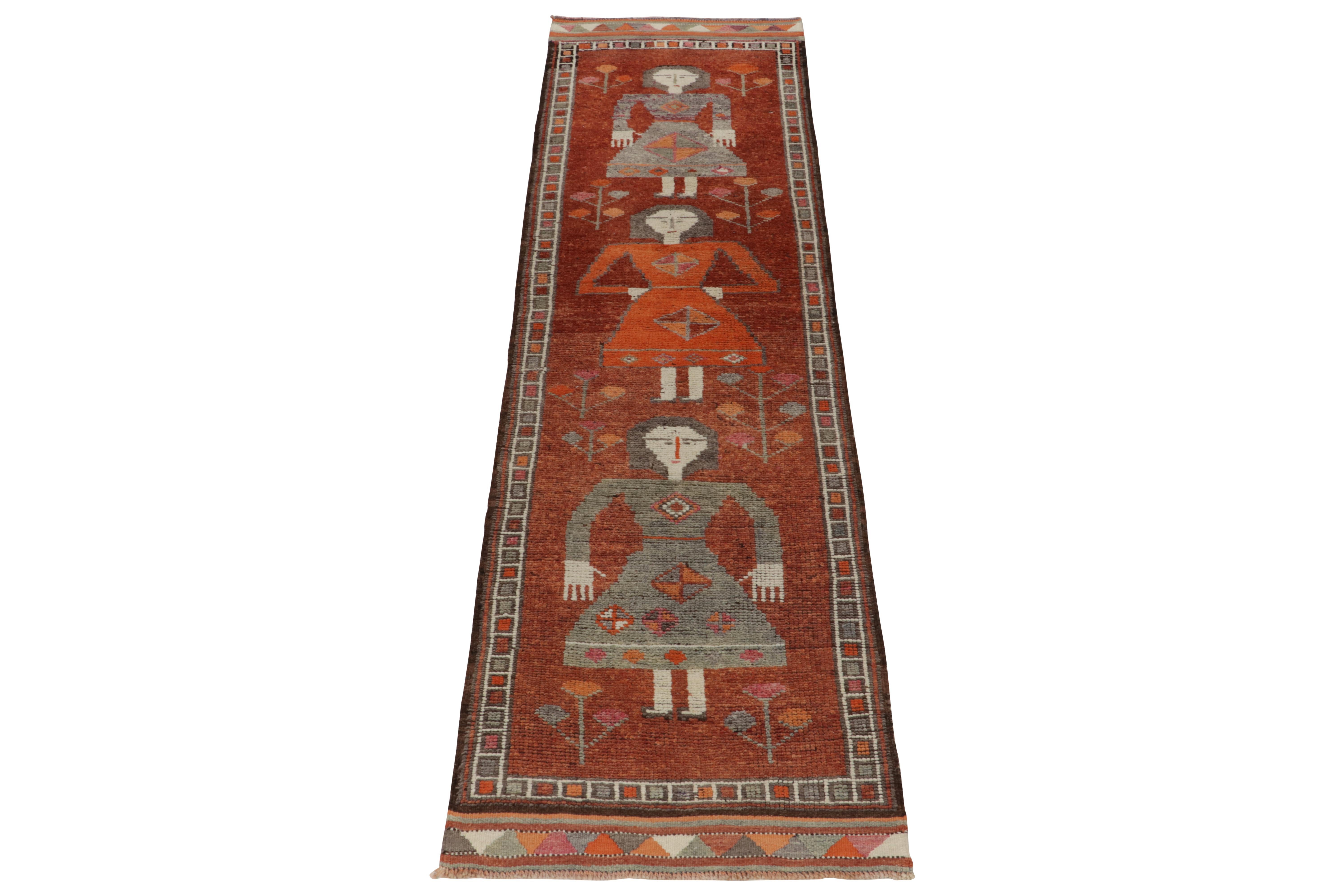 Hand-knotted in wool, a 3x12 runner from Rug & Kilim’s latest curation of the rarest tribal acquisitions. Originating from Turkey circa 1950-1960, a pictorial rug as rare in design as it is versatile in large size. 

The piece enjoys pictorial