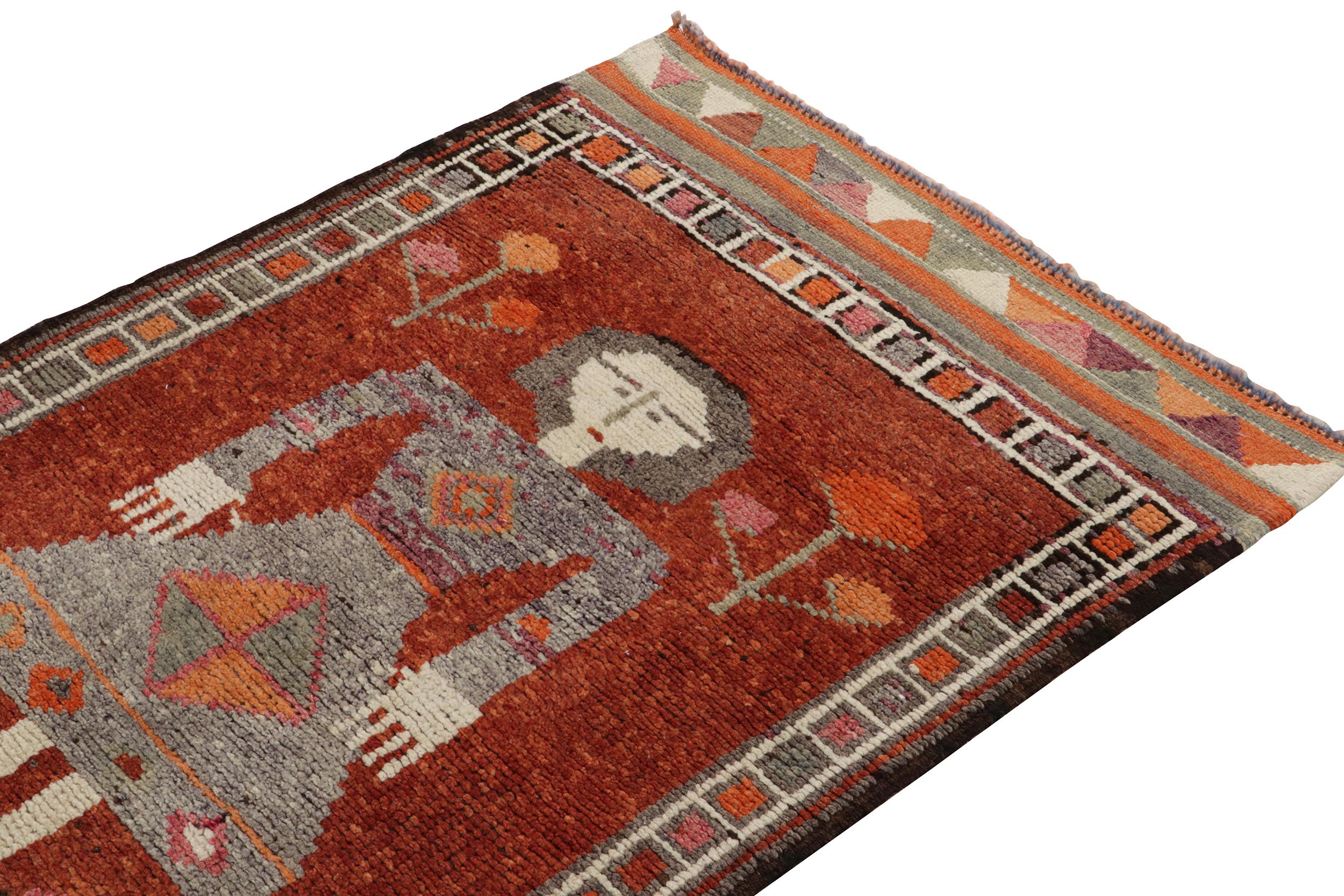 Hand-Knotted 1950s Vintage Tribal Runner in Rust, Orange Pictorials, Geometric by Rug & Kilim For Sale