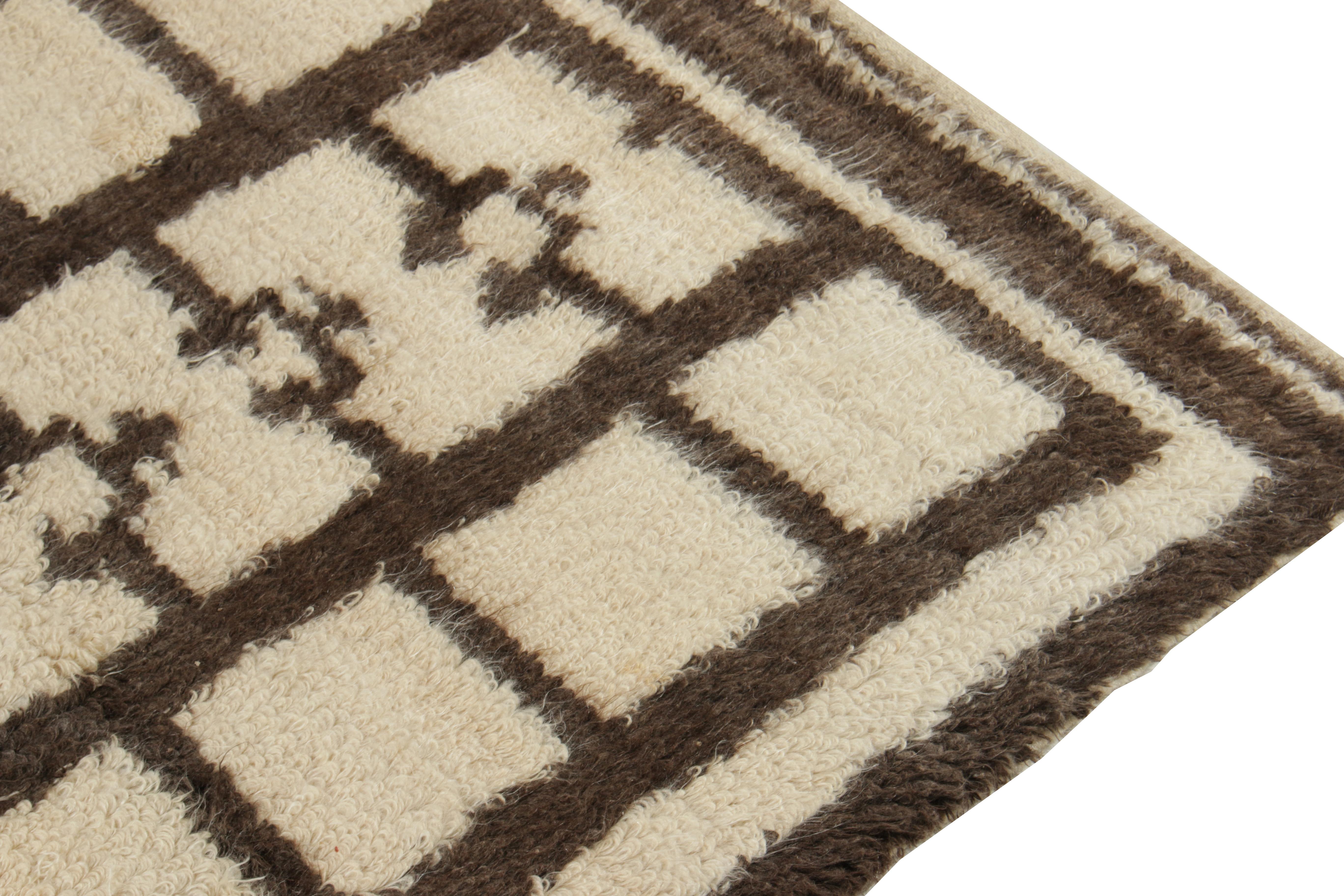Hand-Knotted 1950s Vintage Tulu Rug in Brown-Black & White Geometric Pattern by Rug & Kilim For Sale