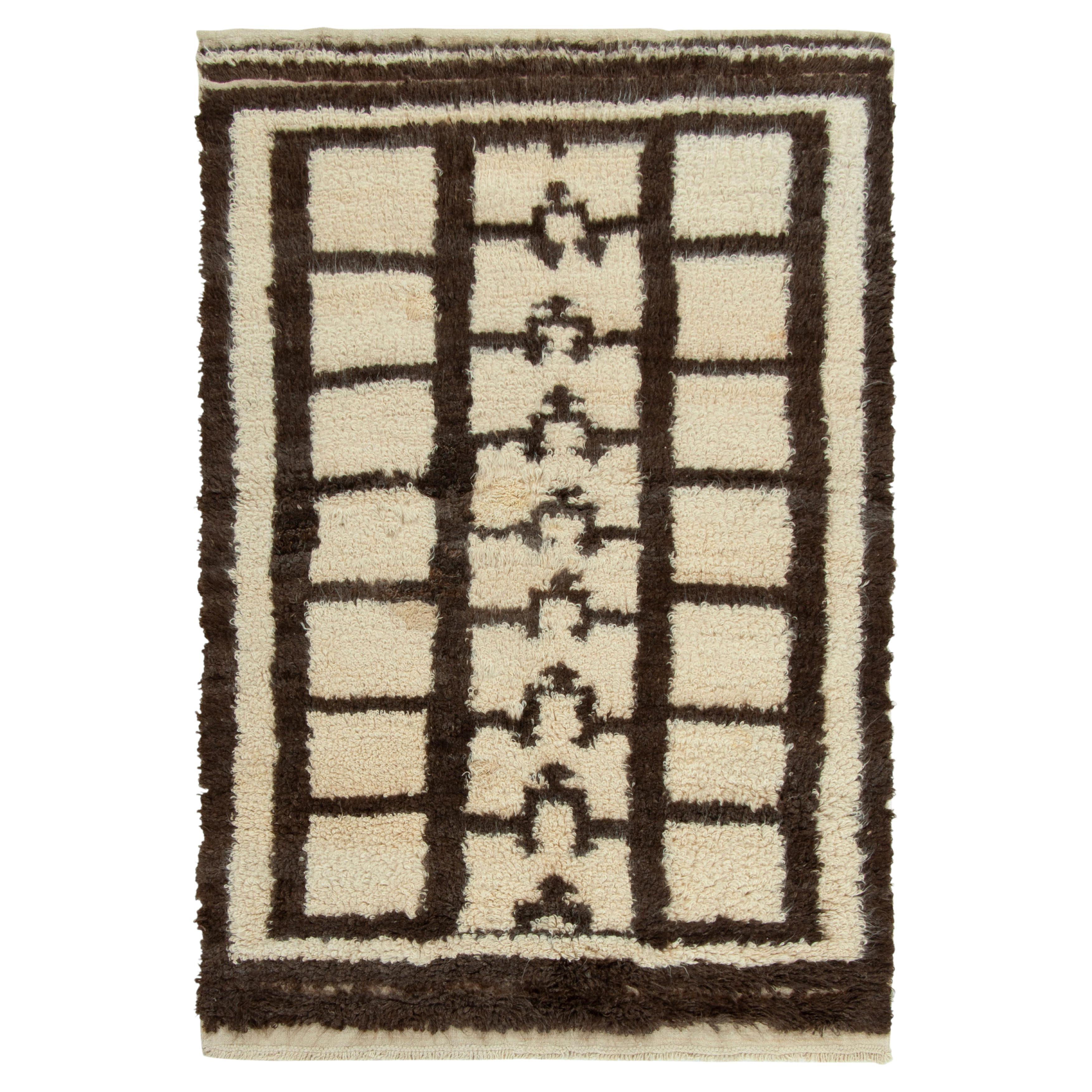 1950s Vintage Tulu Rug in Brown-Black & White Geometric Pattern by Rug & Kilim